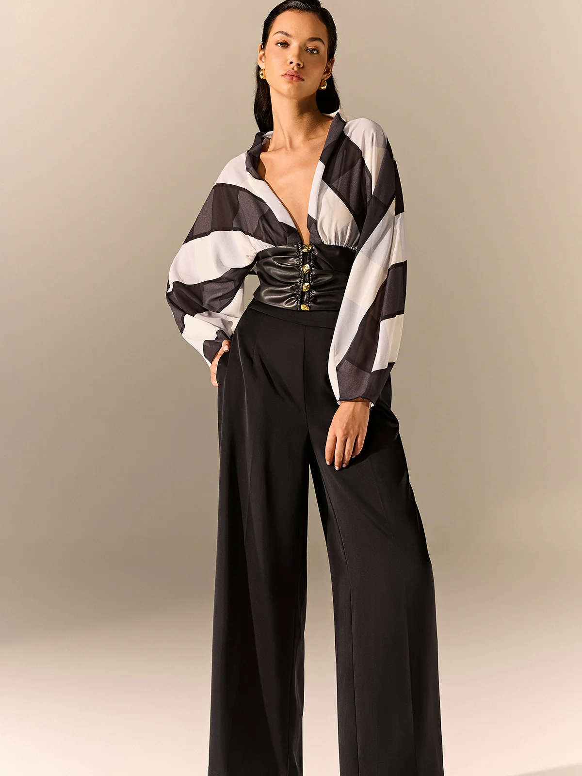 Semi-Sheer Striped Panel Faux Leather Top - Wholesalesil