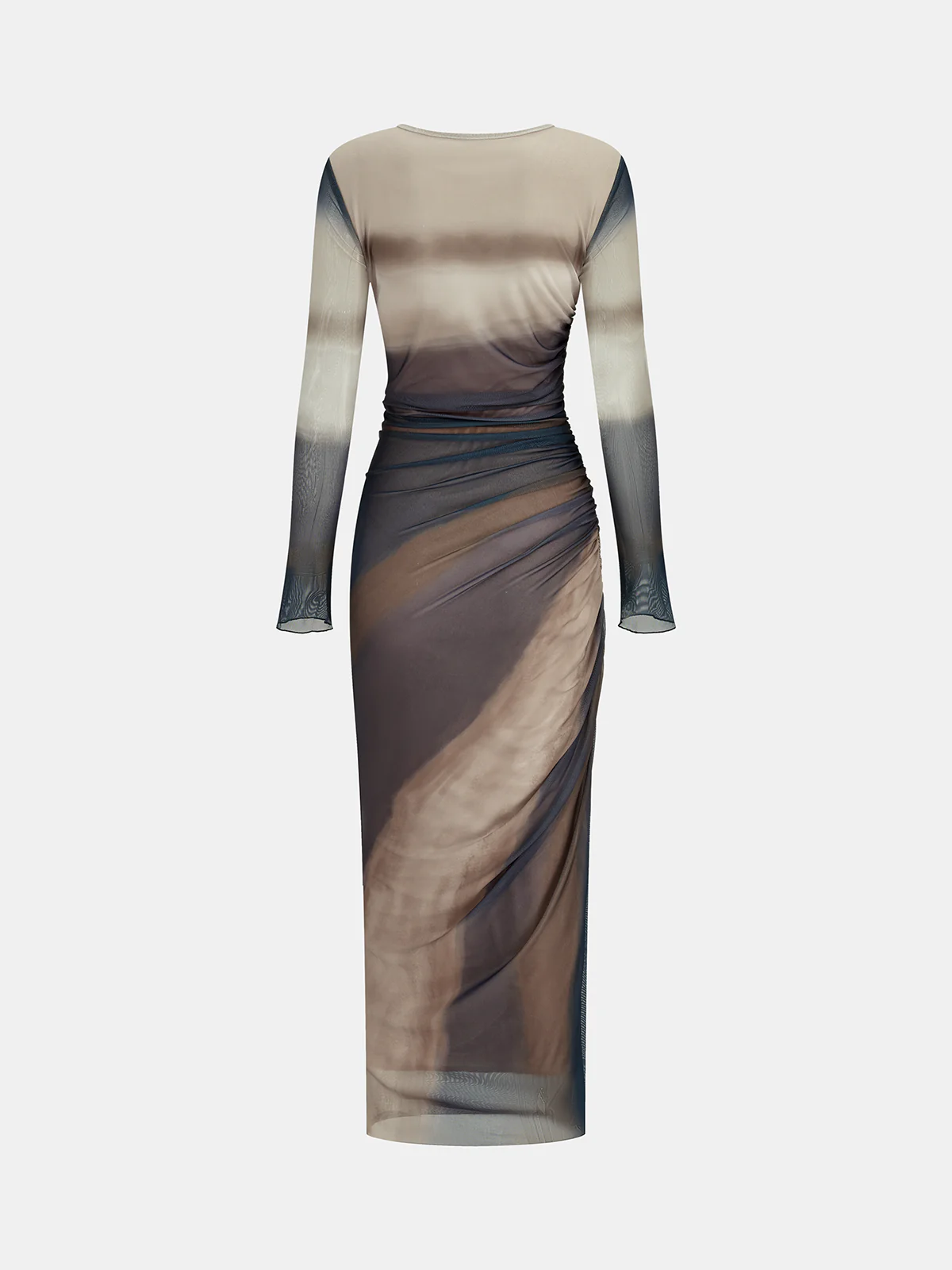 Ombre Long Sleeve Ruched Mesh Maxi Dress - Wholesalesil