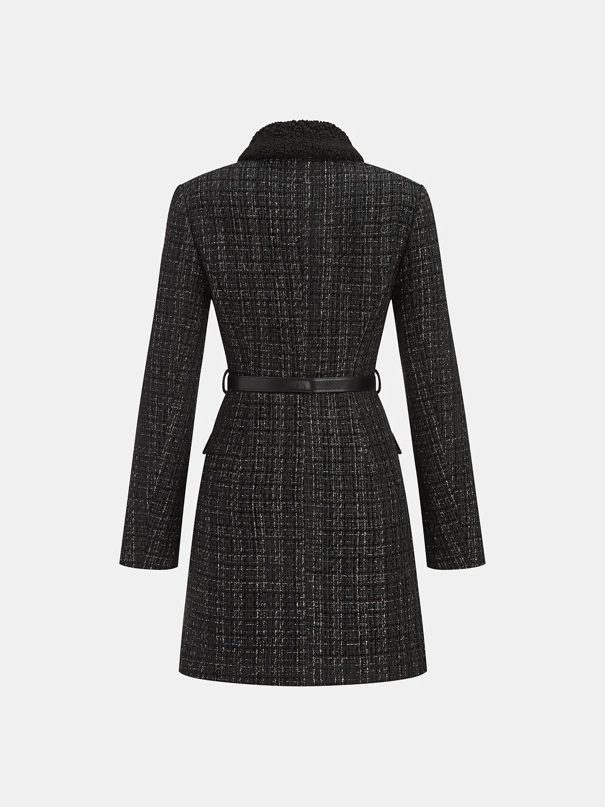 Faux Fur Collar Tweed Belted Mini Dress - Wholesalesil