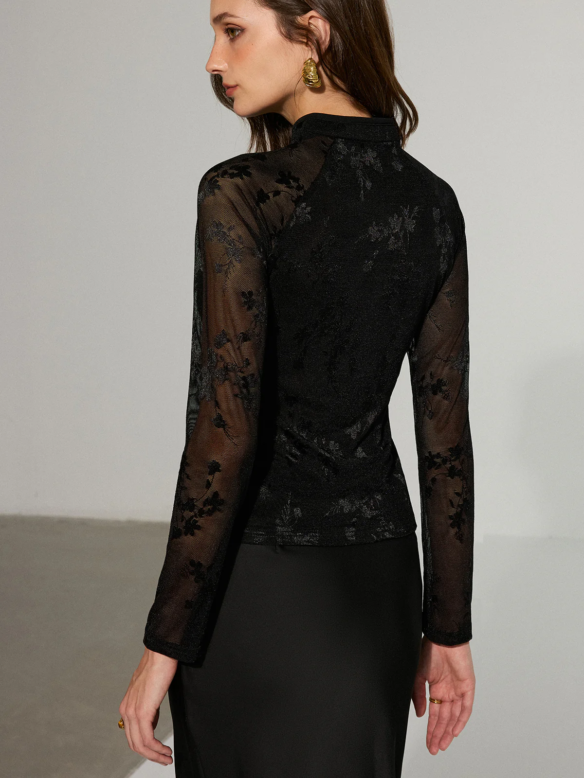 Mandarin Collar Floral Lace Long Sleeve T-Shirt - Wholesalesil