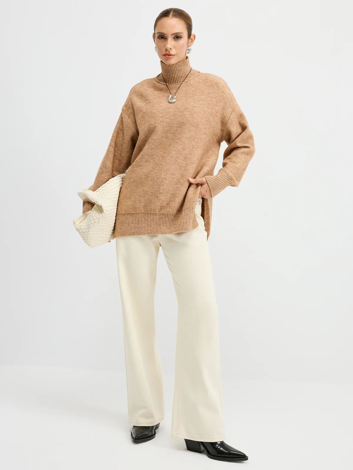 Turtleneck Side-Slit Oversized Casual Sweater - Wholesalesil