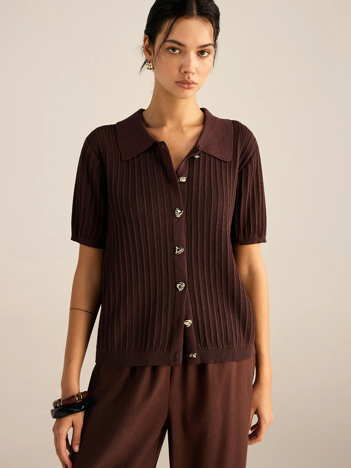 Ribbed Knit Polo-Collar Cardigan - Wholesalesil