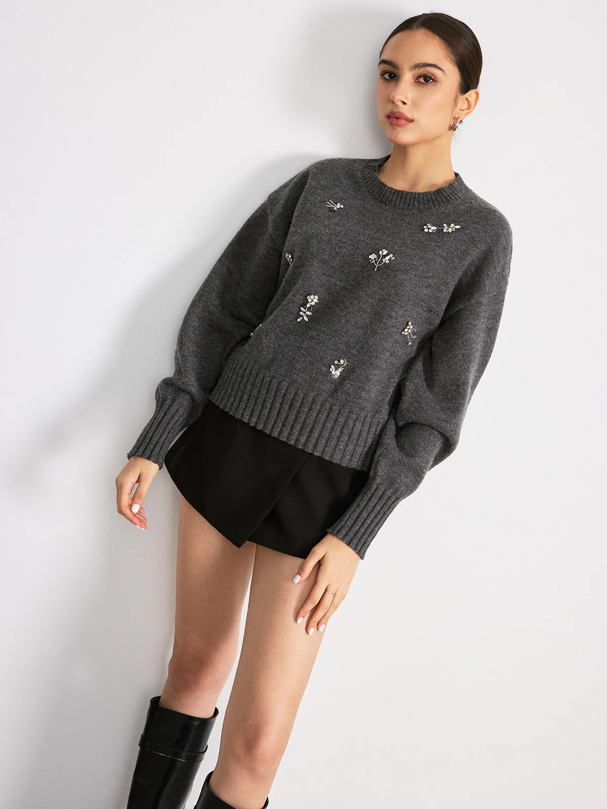 Crew Neck Sweater with Floral Crystal Embellishments - Wholesalesil