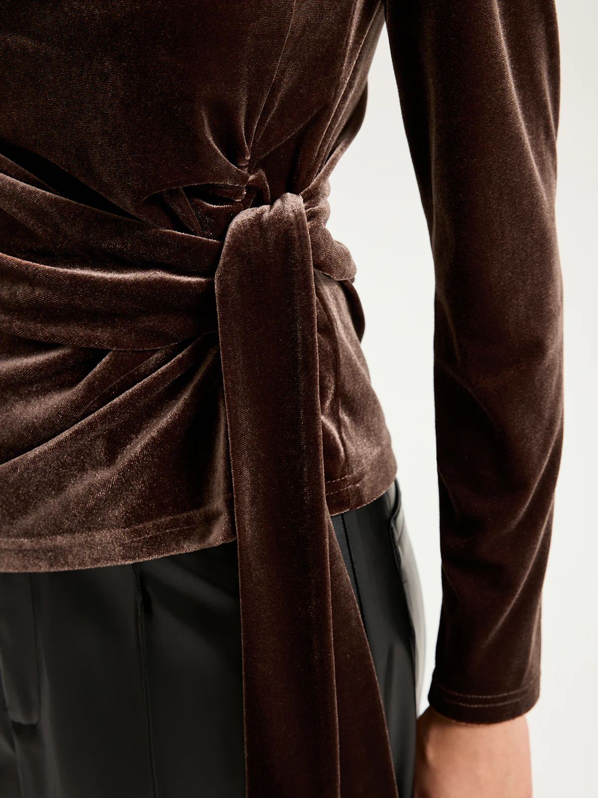 Long Sleeve Knot-Tie Velvet Asymmetric Top - Wholesalesil