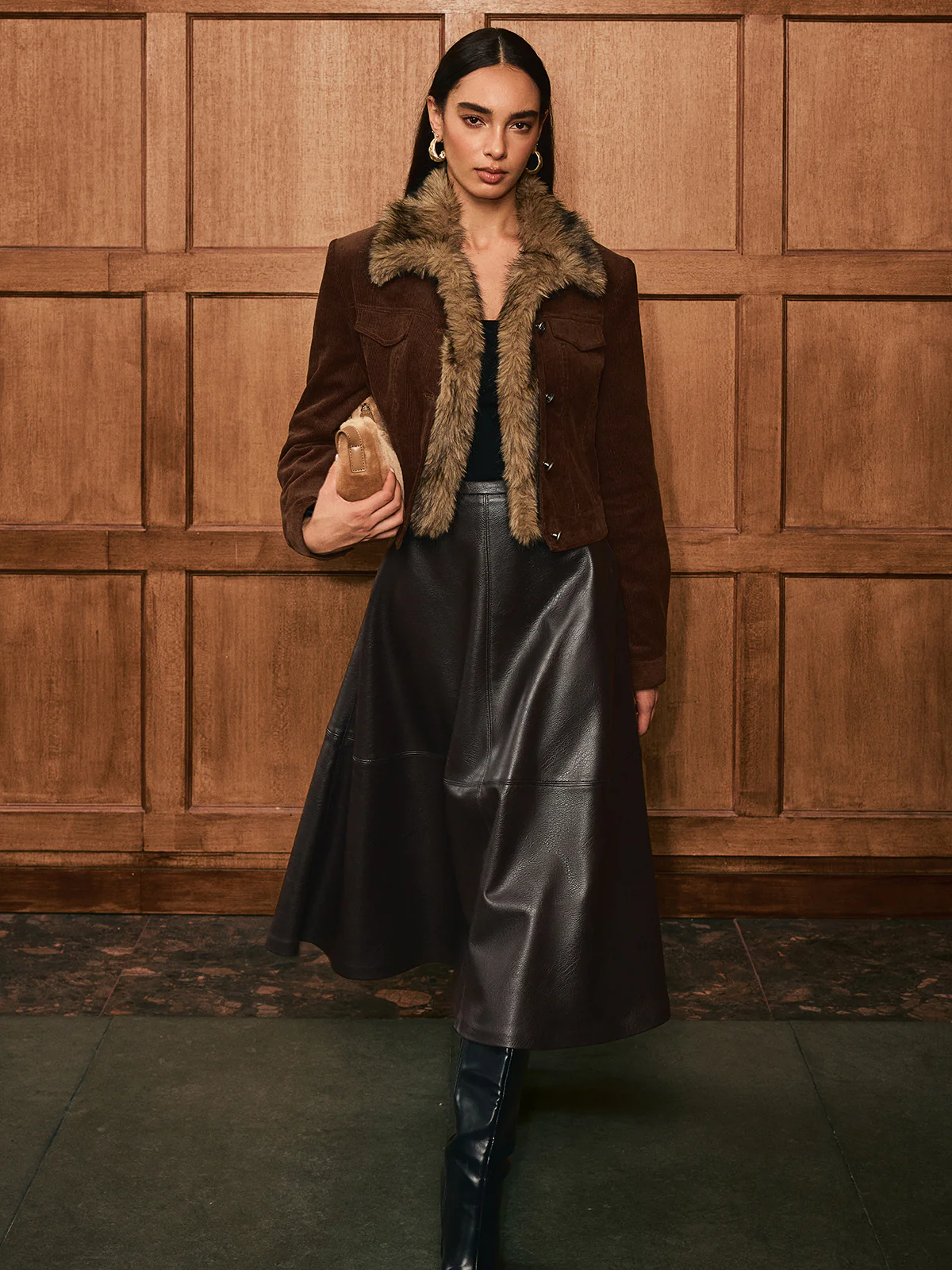 Faux Fur Collar Corduroy Jacket - Wholesalesil