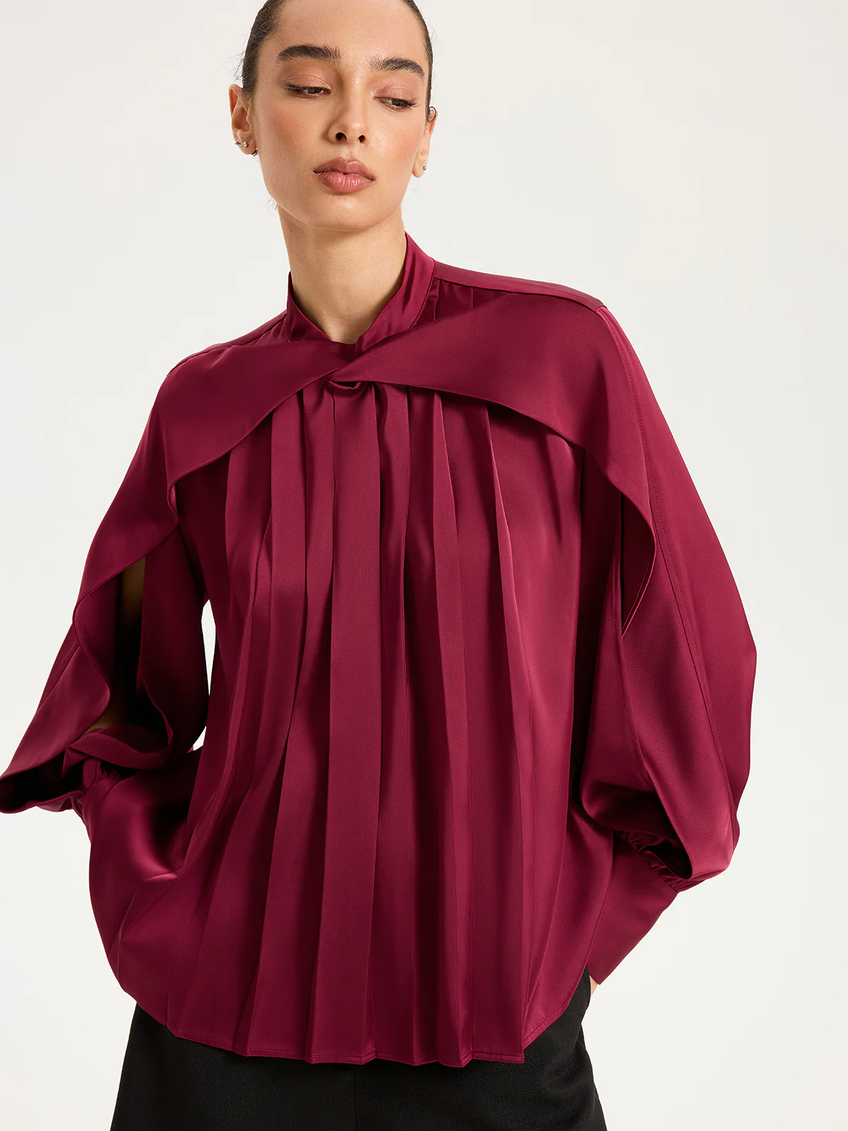 Satin Pleated Blouse with Cut-Out Sleeve - Wholesalesil