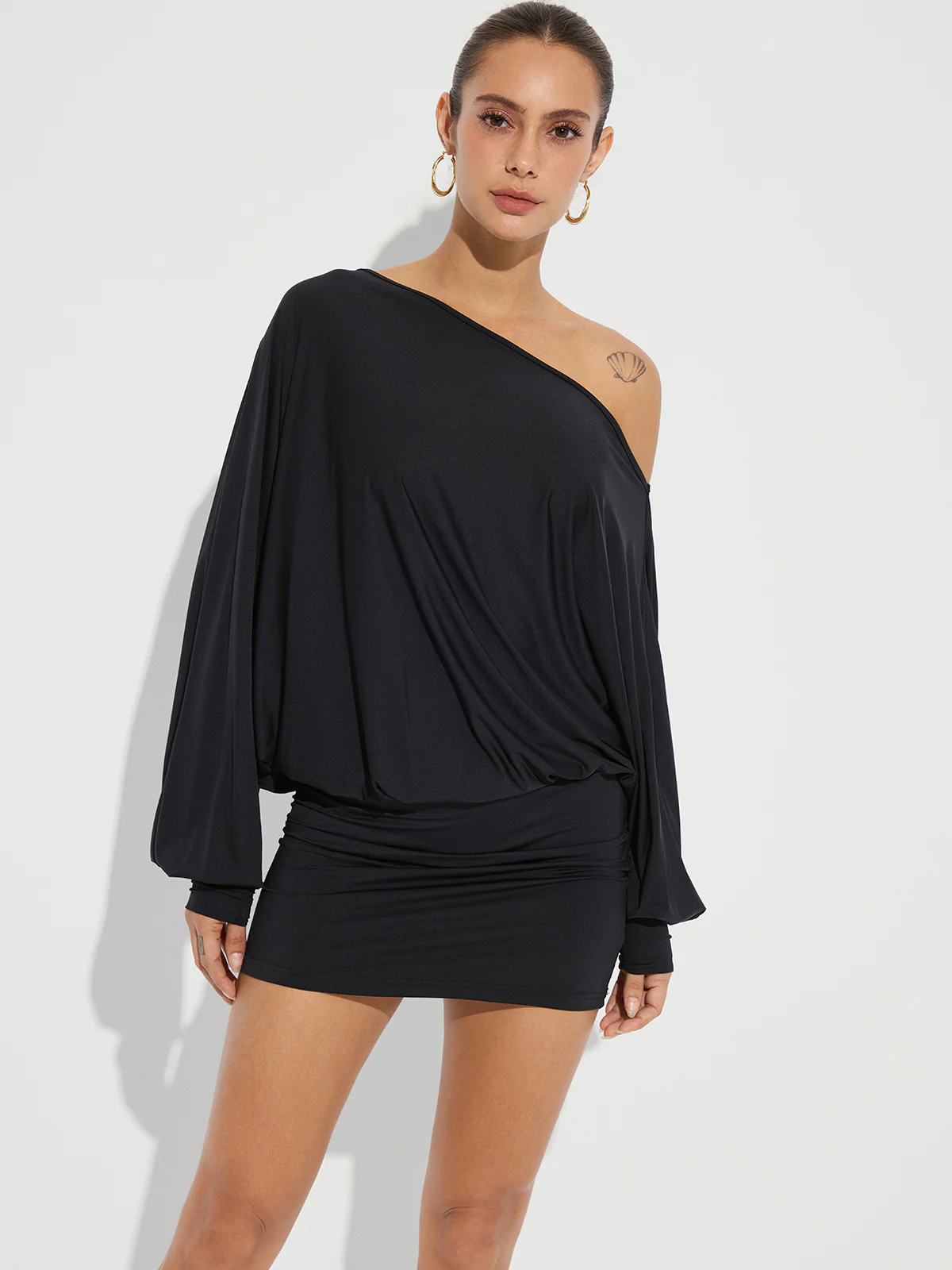 One-Shoulder Ruched Long Sleeve Mini Dress - Wholesalesil