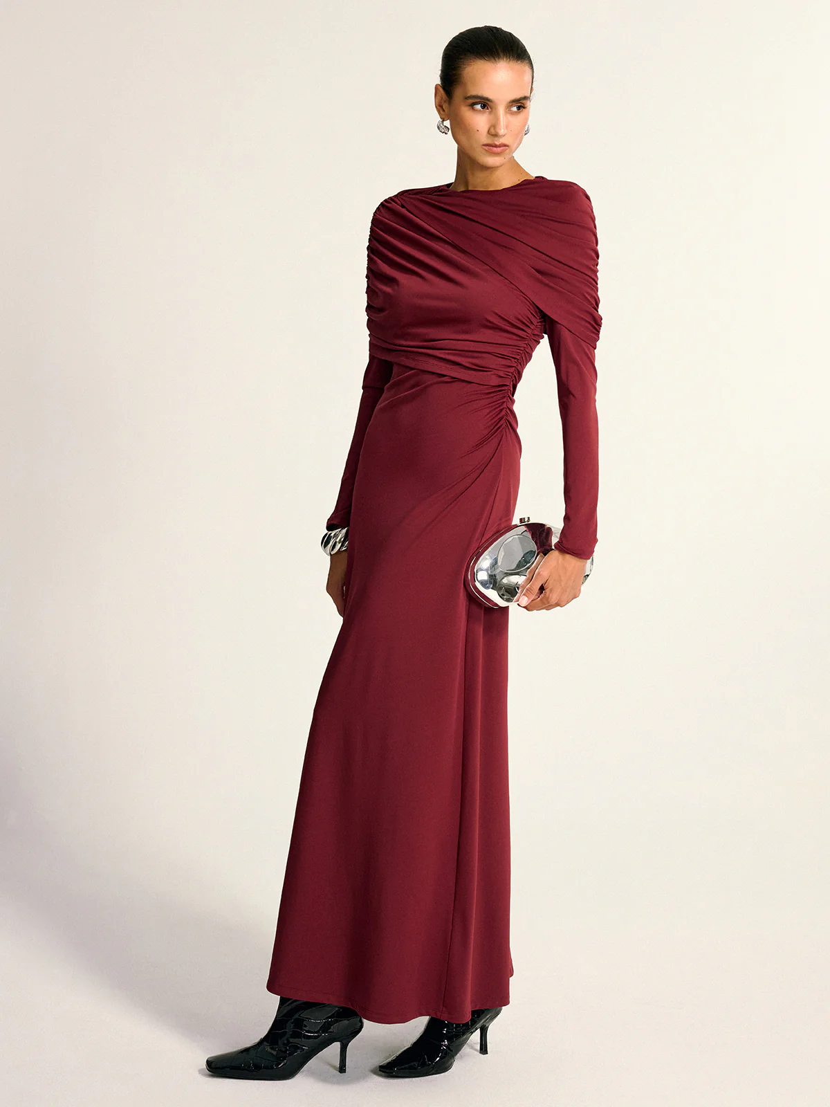 Draped Long Sleeve Maxi Dress - Wholesalesil