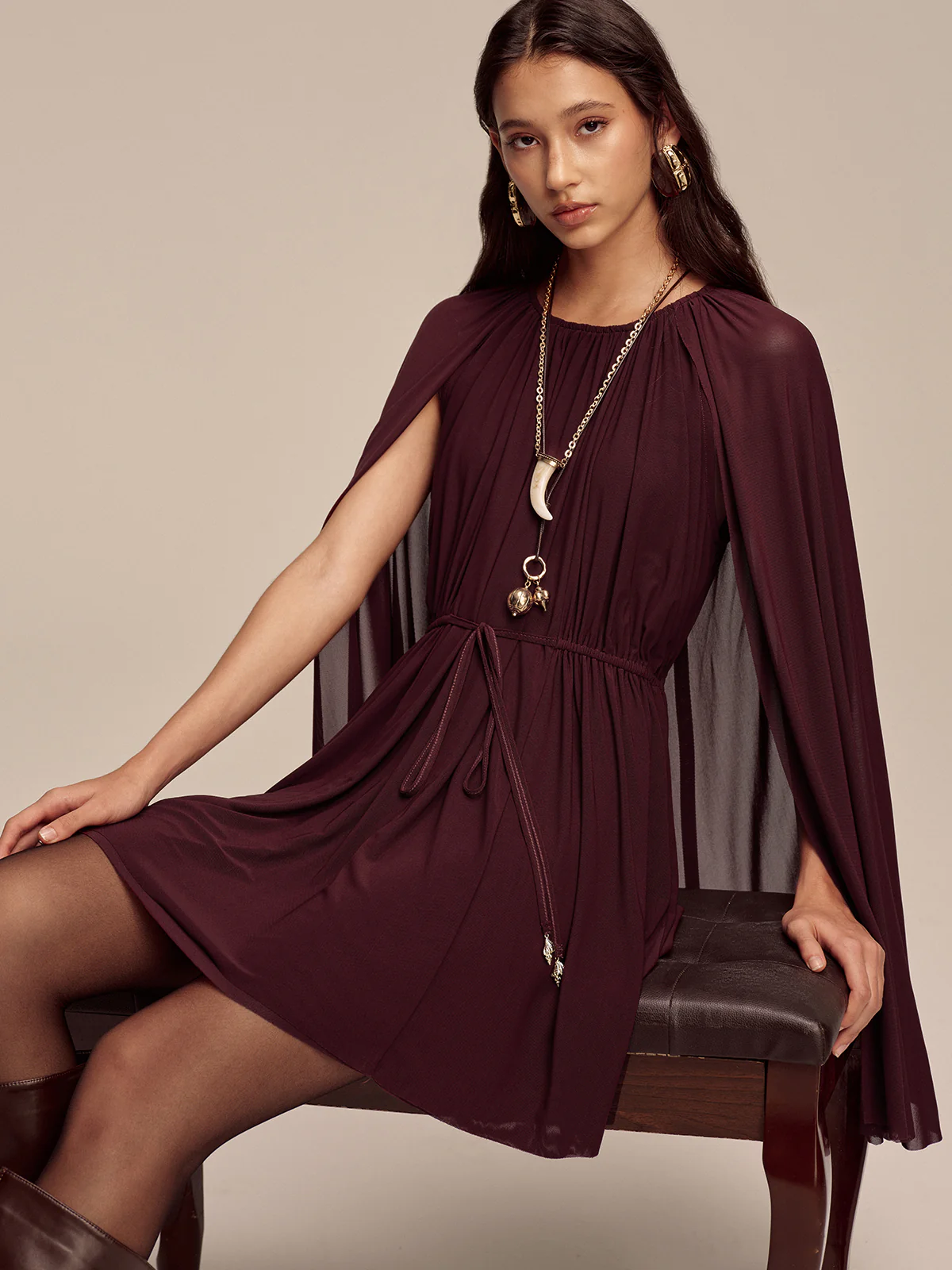 Mesh Cape Sleeve Tie-Waist Mini Dress - Wholesalesil