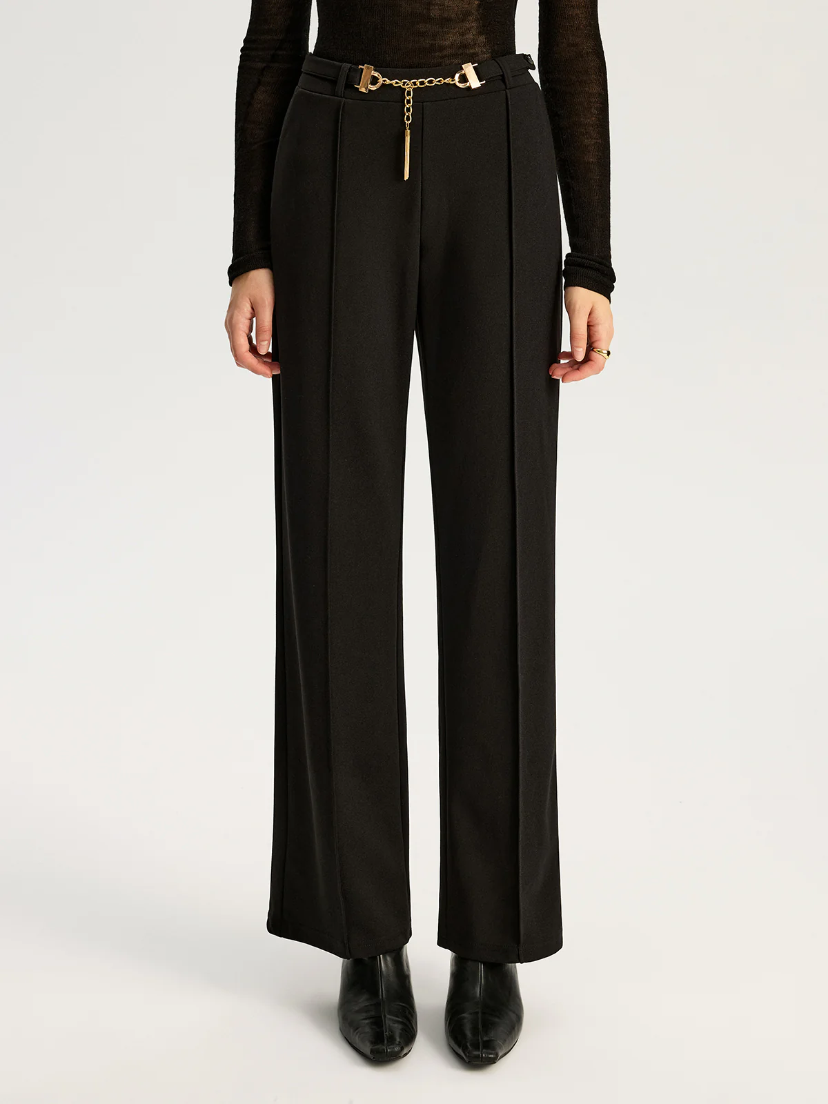 Straight-Leg Pants with Metal Chain Belt - Wholesalesil