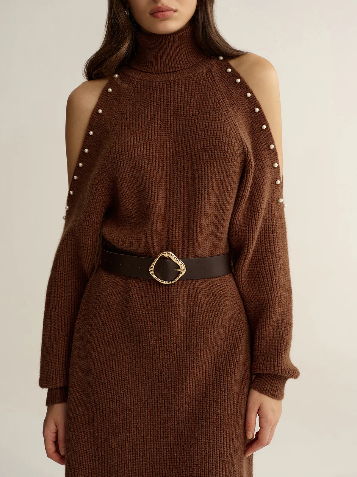 Belted Cold-Shoulder Turtleneck Knit Dress - Wholesalesil