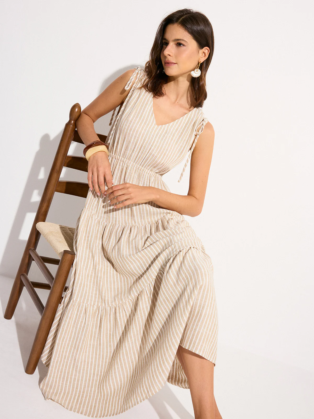 Pocketed Striped Linen & Cotton Tiered Maxi Dress - Wholesalesil
