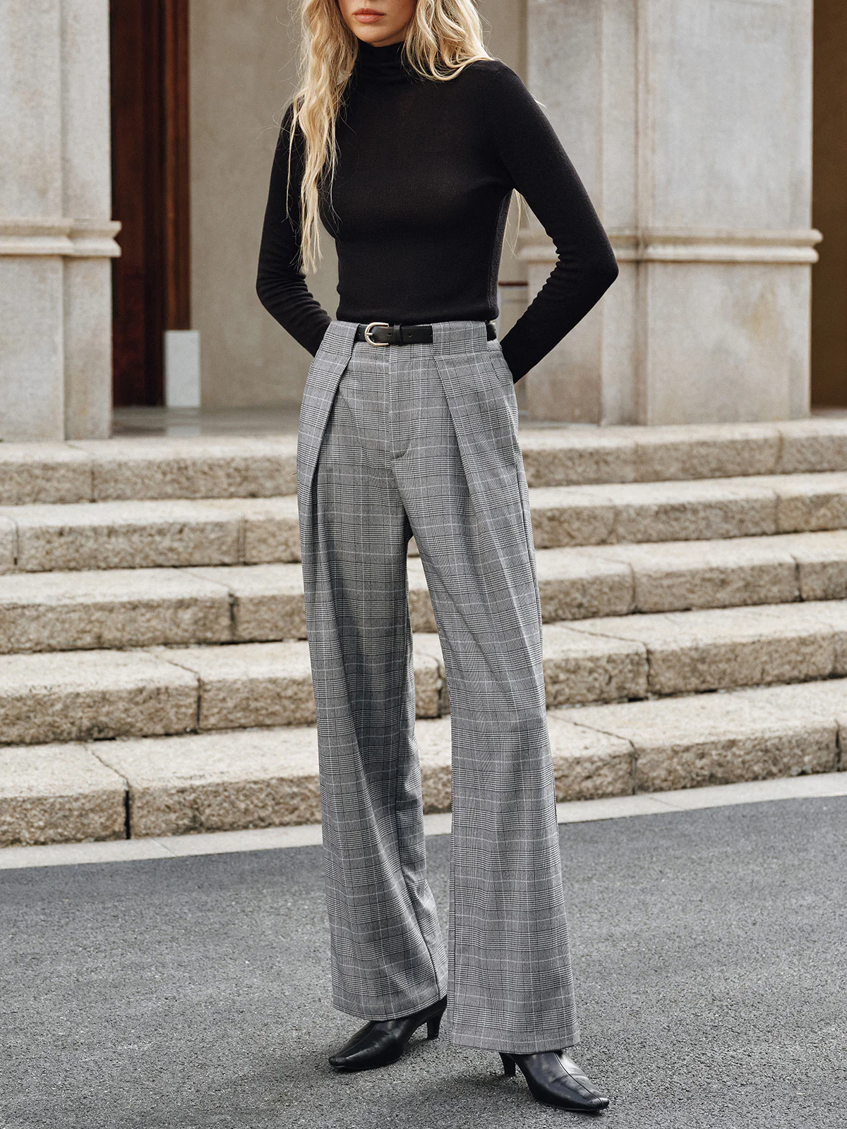 Pleated Plaid Belted Wide-Leg Pants - Wholesalesil