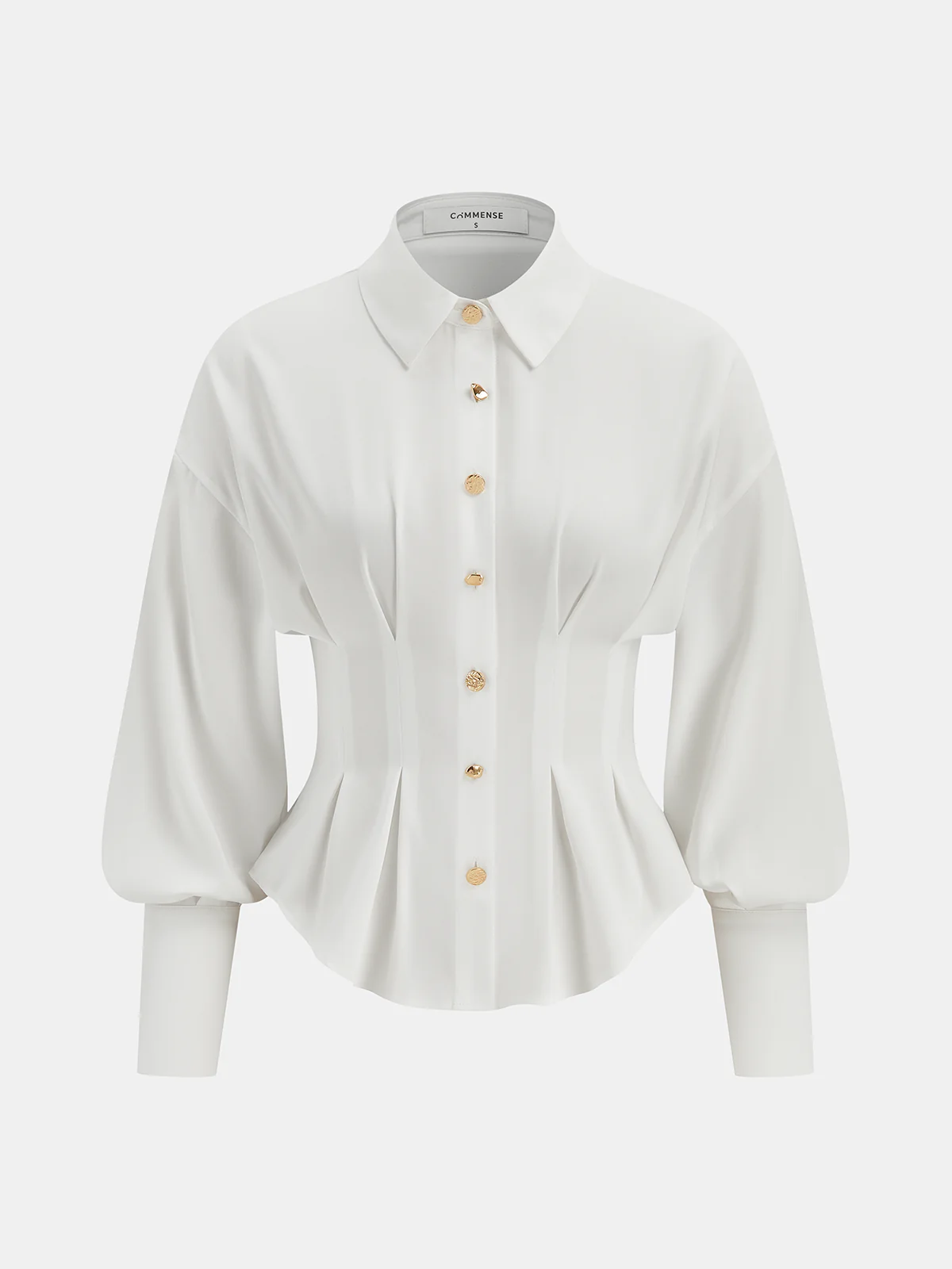 Pleated Cinched Waist Metal Button Blouse - Wholesalesil