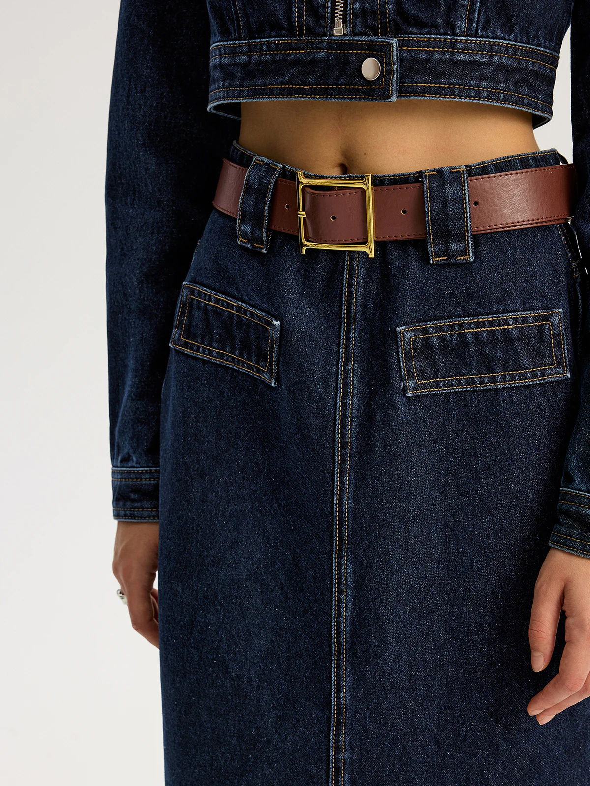Belted Denim Maxi Skirt - Wholesalesil