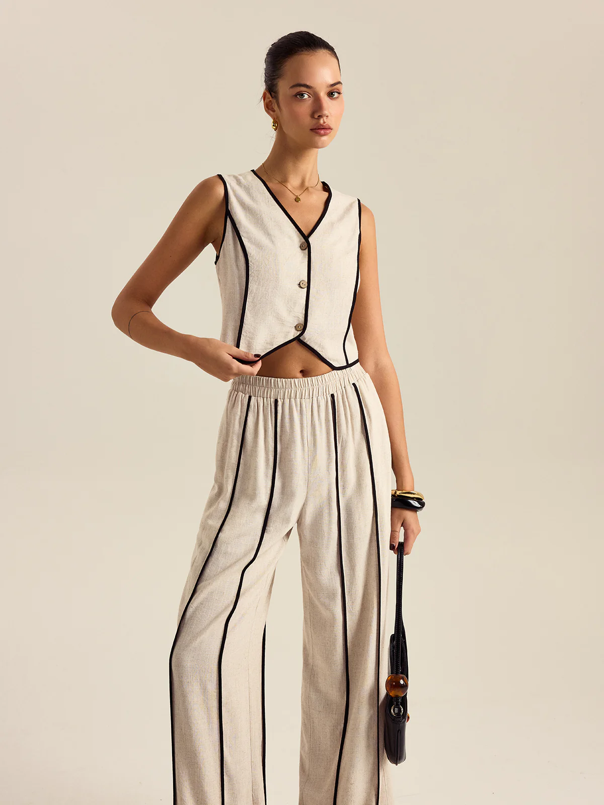 Linen & Cotton Striped Pants Set With Elastic Waist - Wholesalesil