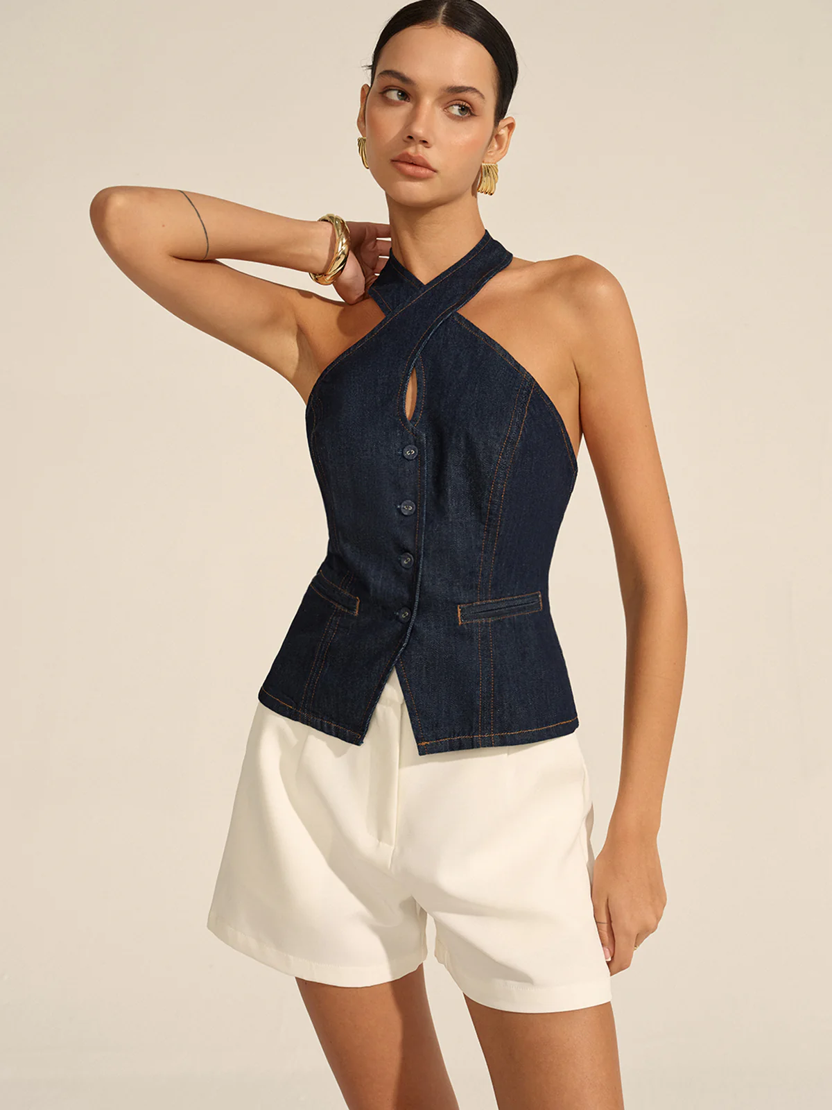 Denim Halter Crisscross Backless Top - Wholesalesil