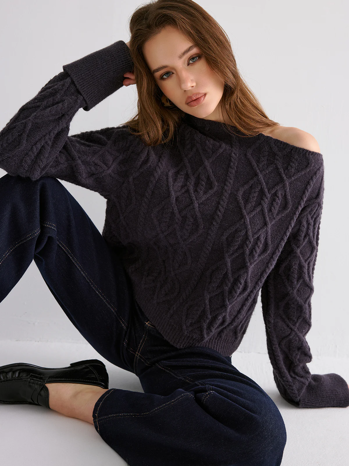 Cable Knit Off-shoulder Sweater - Wholesalesil