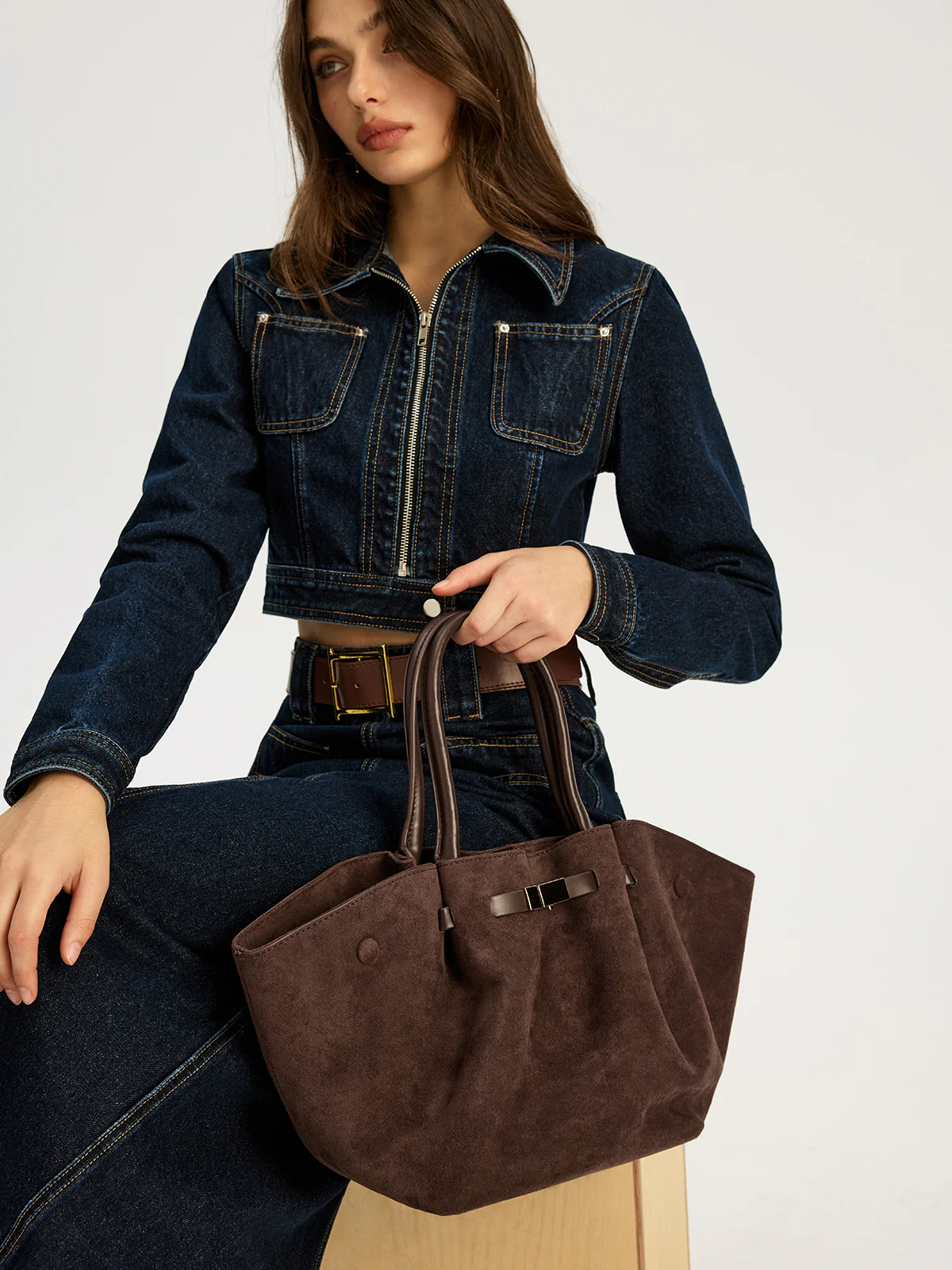 Suede Leather-Trimmed Tote Bag - Wholesalesil
