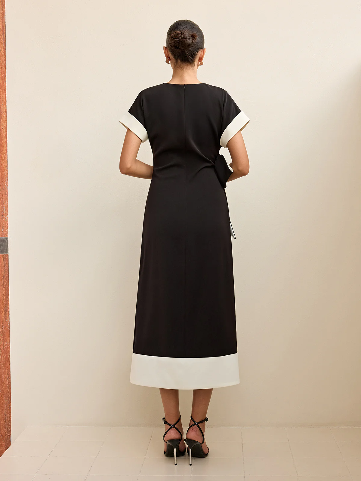 Contrast Trim Bow Slit Midi Dress - Wholesalesil