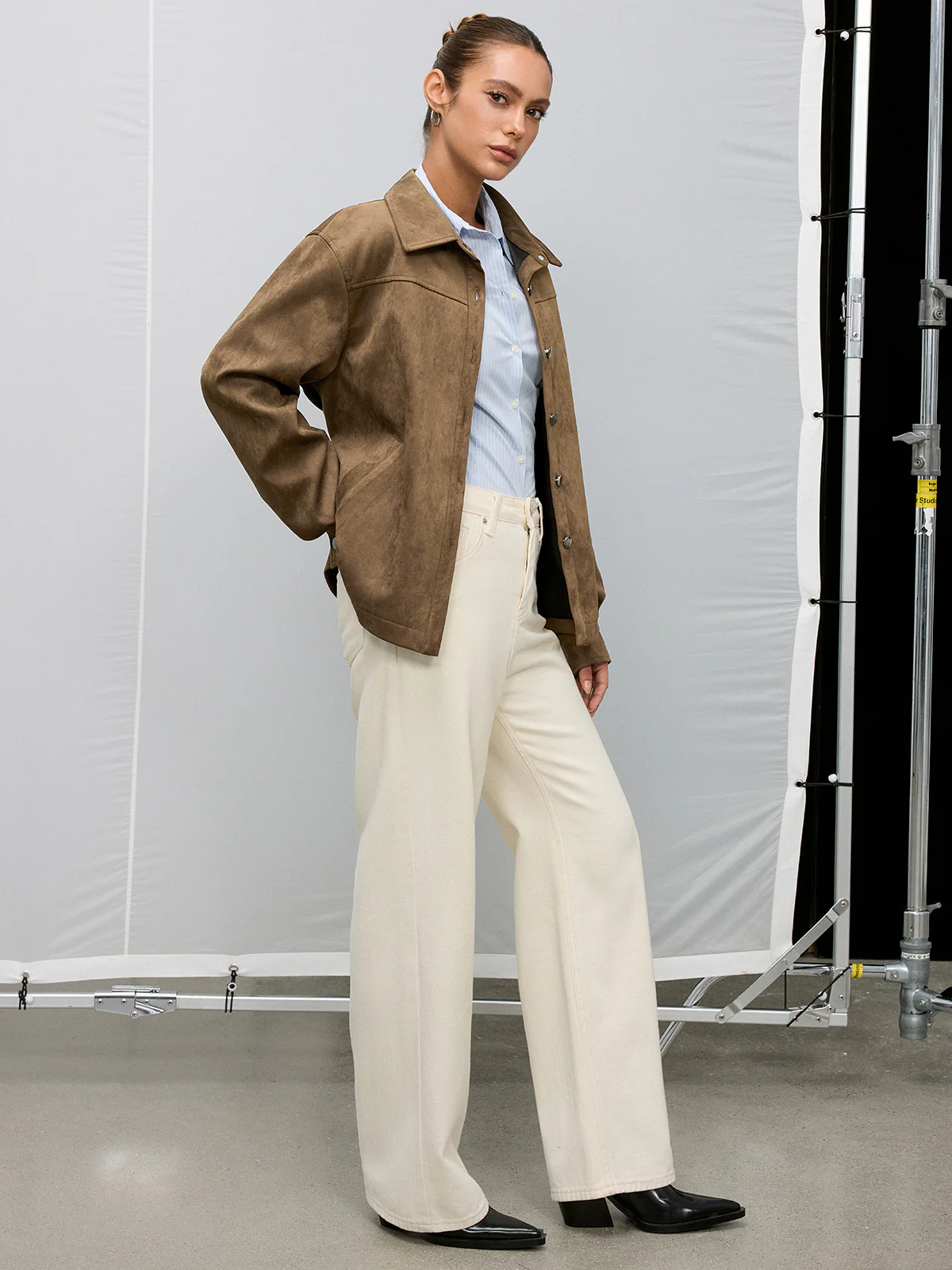 Belted Collared Suede Effect Jacket - Wholesalesil