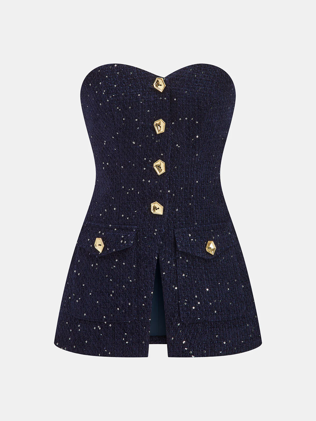 Metal Button Sequin Tweed Strapless Vest - Wholesalesil