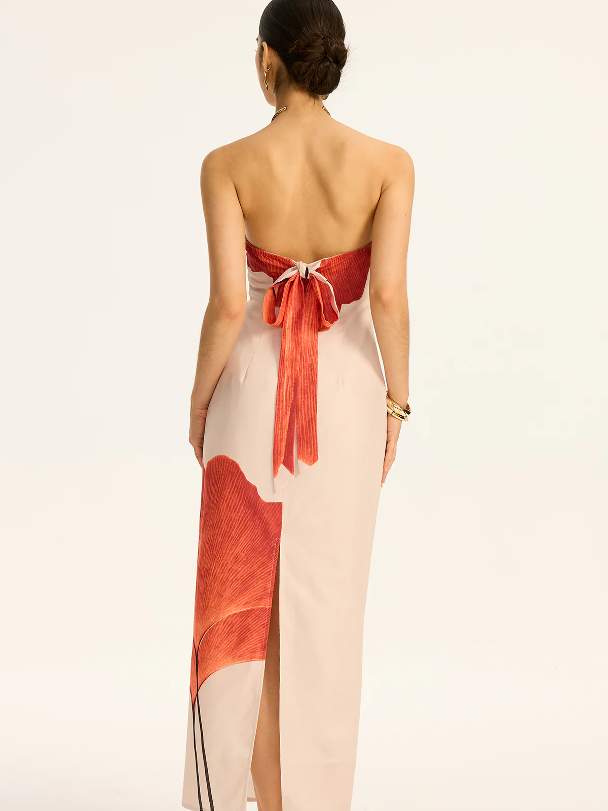 Strapless Printed Maxi Dress with Back Bow and Slit - Wholesalesil