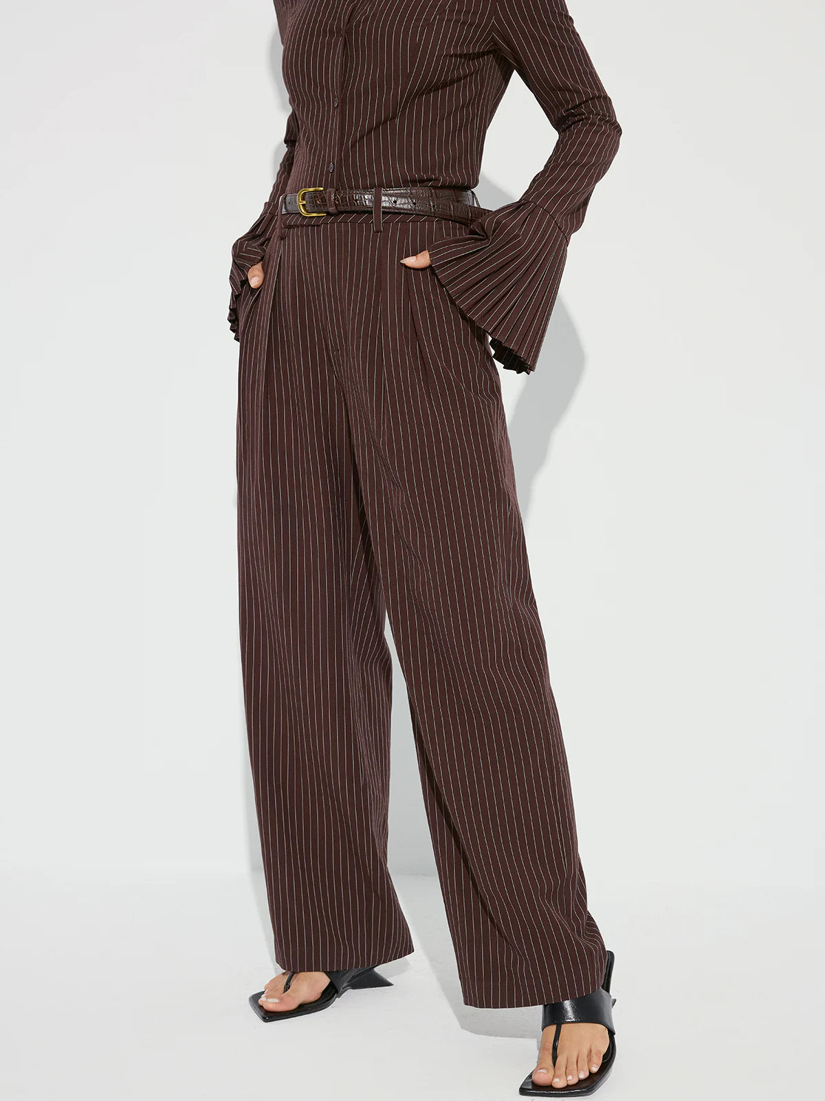 Striped Pleated Wide-Leg Pants without Belt - Wholesalesil