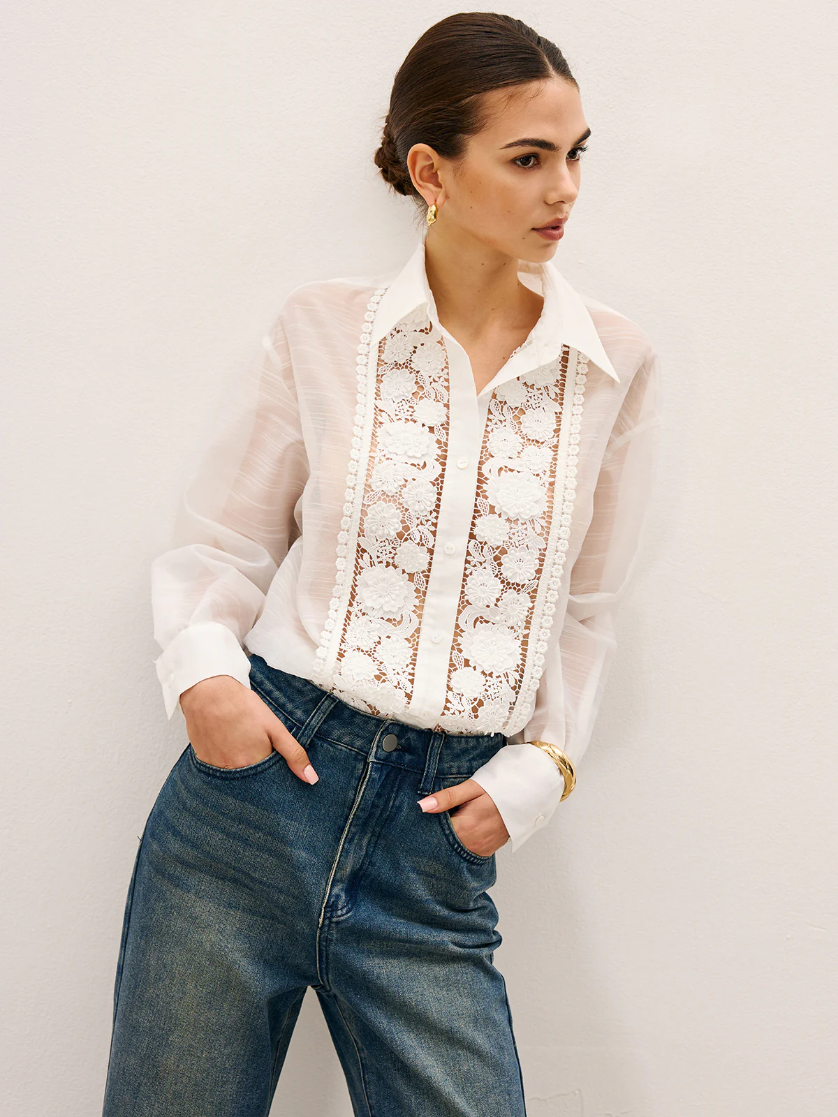 Sheer Lace Detail Blouse - Wholesalesil