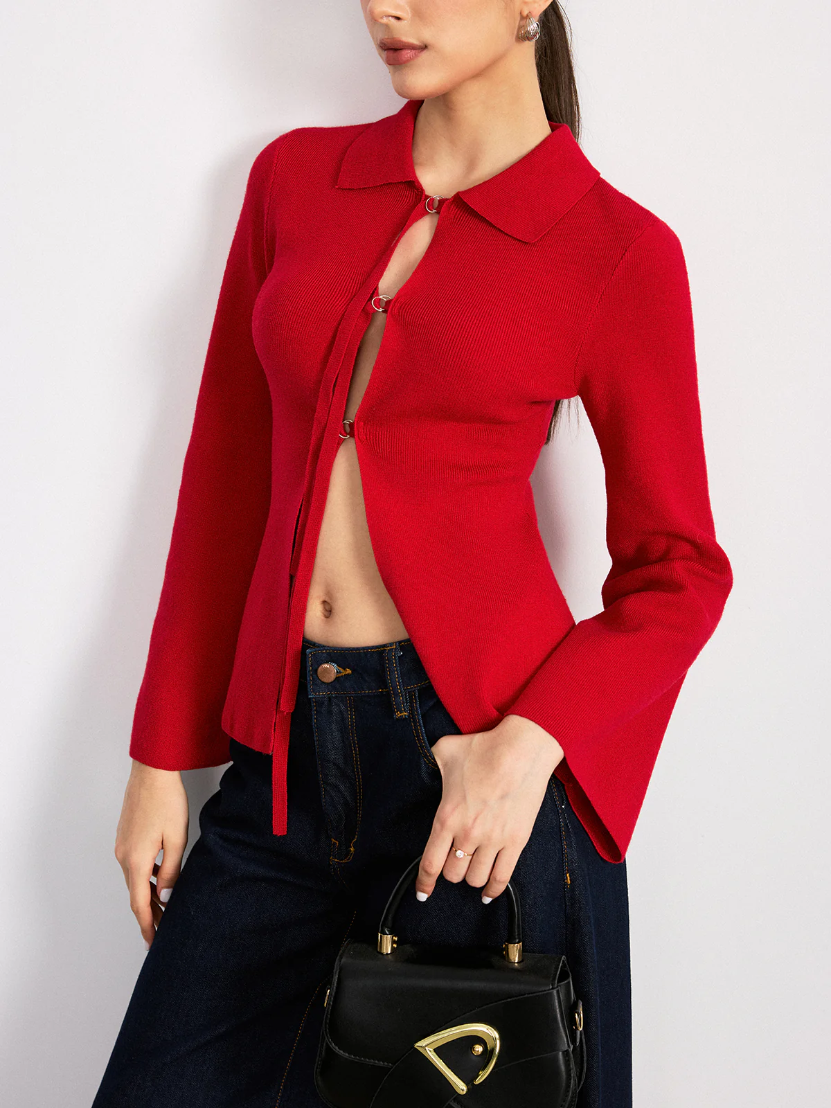 Adjustable Tie Detail Collared Knit Top - Wholesalesil