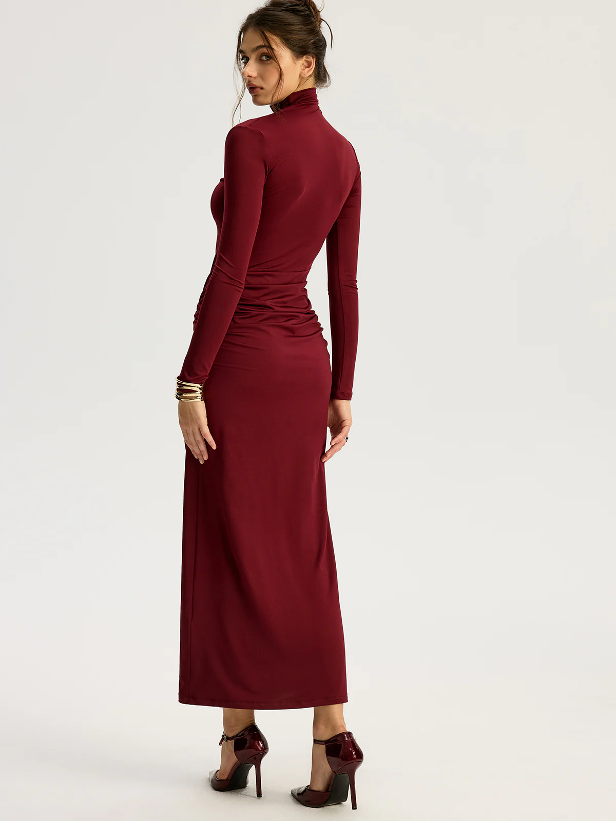 Metal Flower Slit Ruched Mock Neck Maxi Dress - Wholesalesil