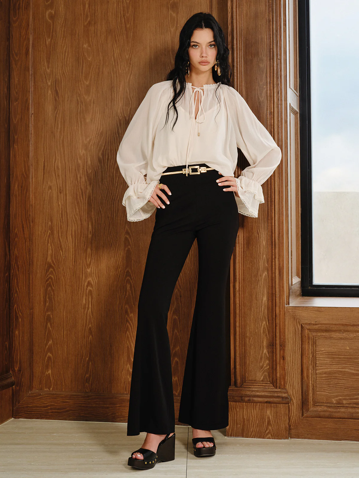 Bell Sleeve Sheer Chiffon Blouse Set with Liner - Wholesalesil