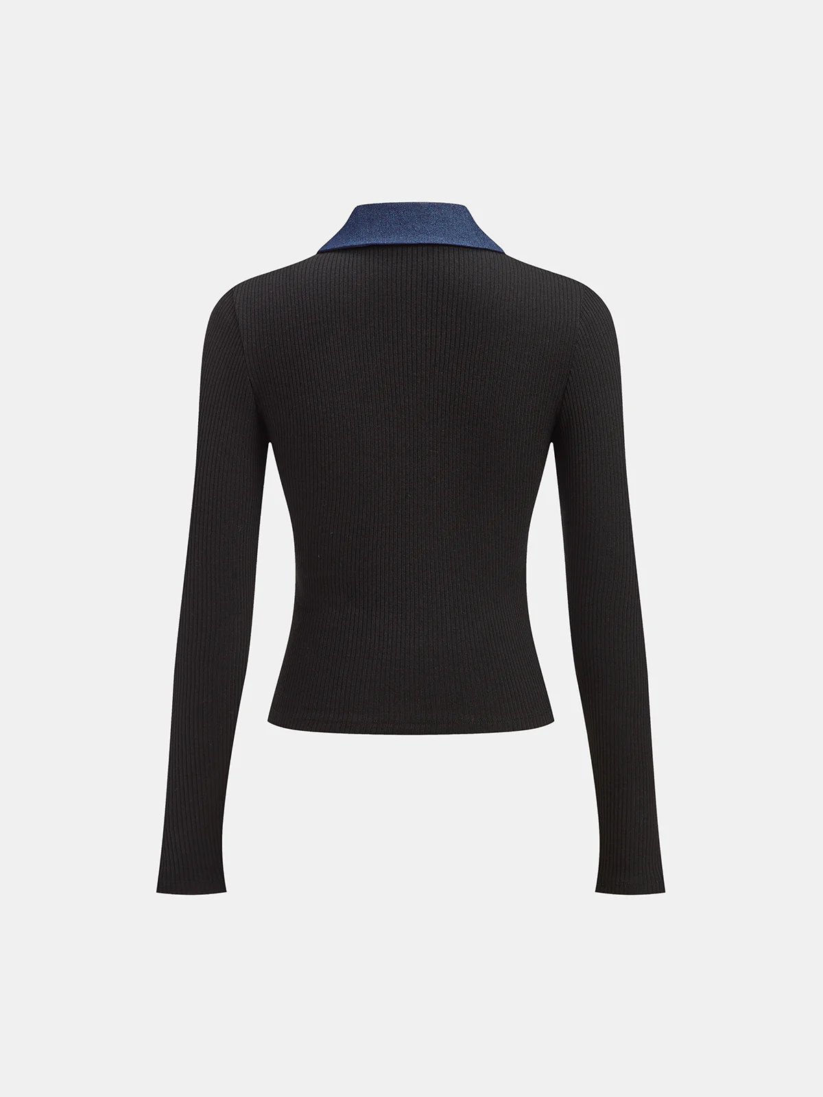 Contrast Collar Metal Button Ribbed Knit T-Shirt - Wholesalesil