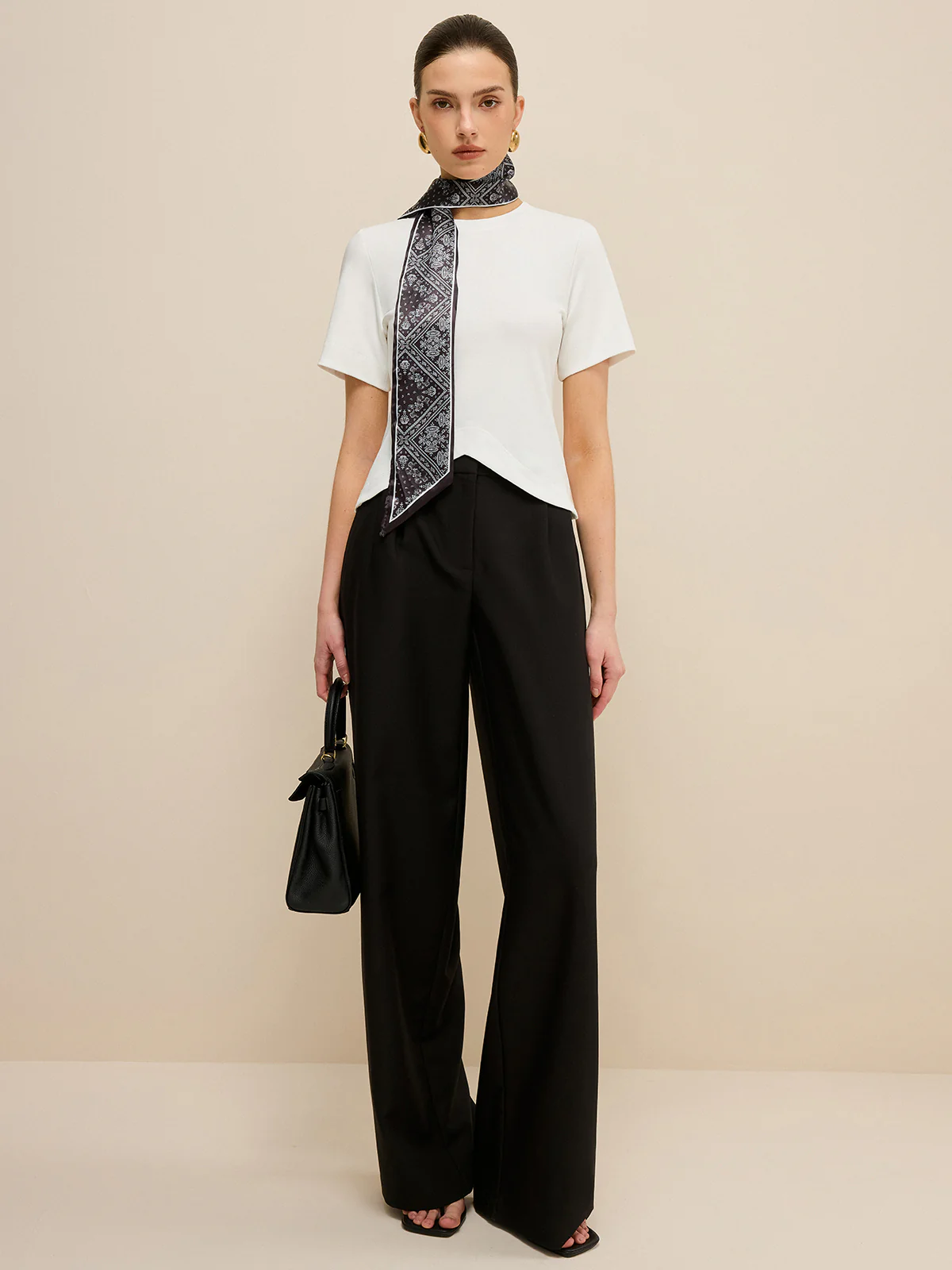 Irregular Hem T-Shirt with Silk Scarf - Wholesalesil