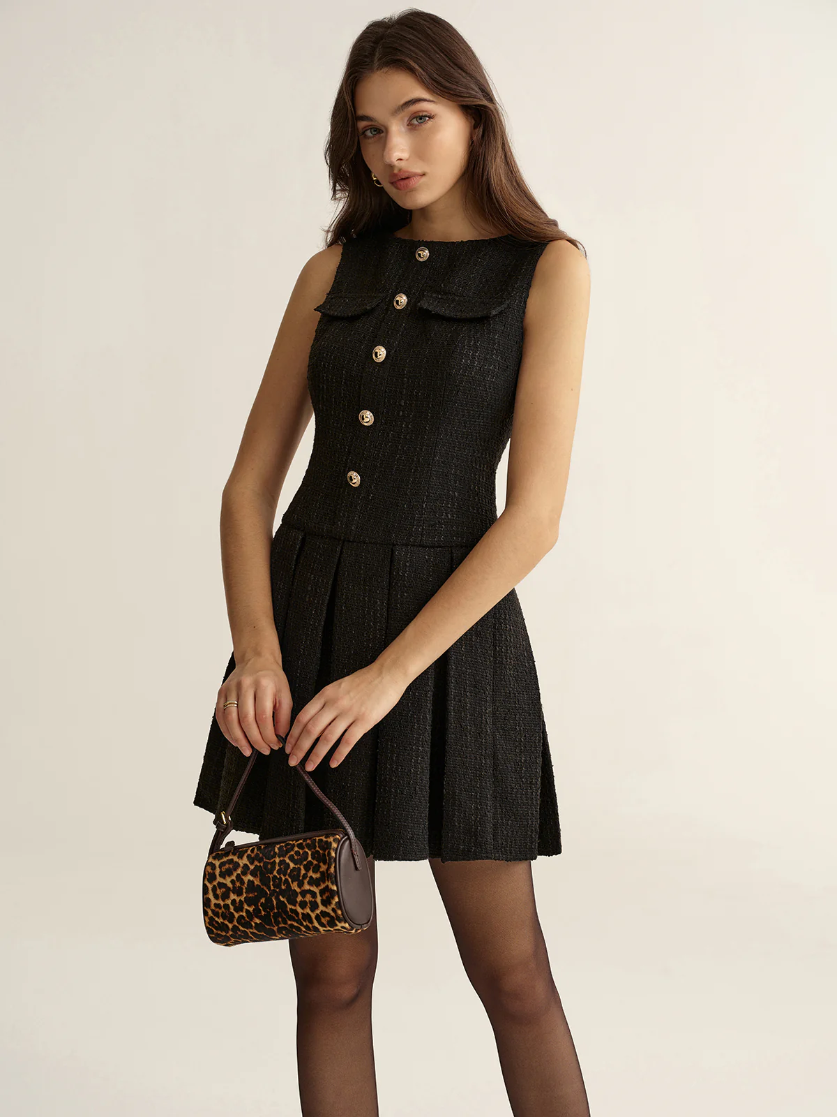 Metal Detail Tweed Pleated Mini Dress - Wholesalesil