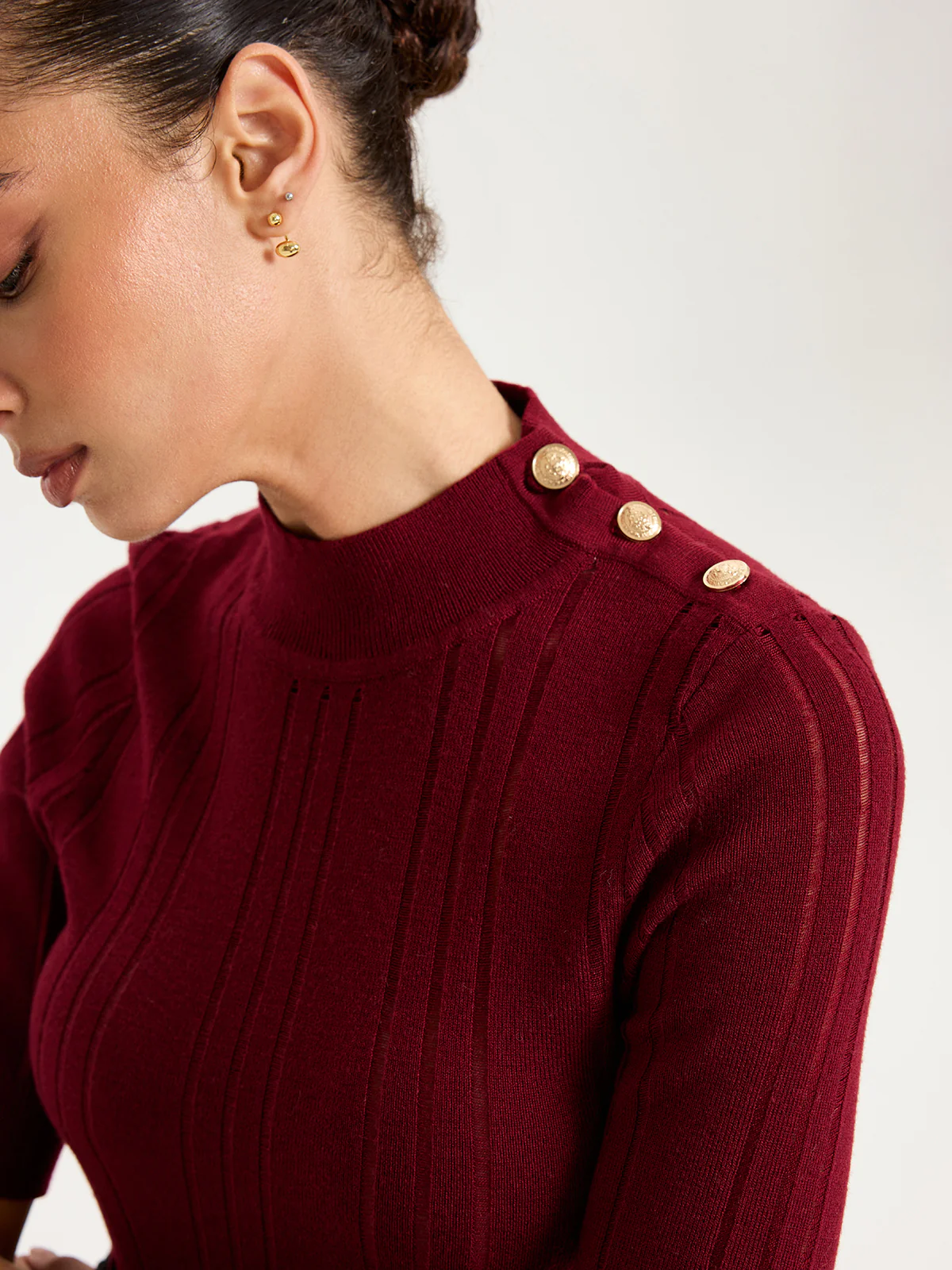 Shoulder Button Mock Neck Short Sleeve Sweater - Wholesalesil