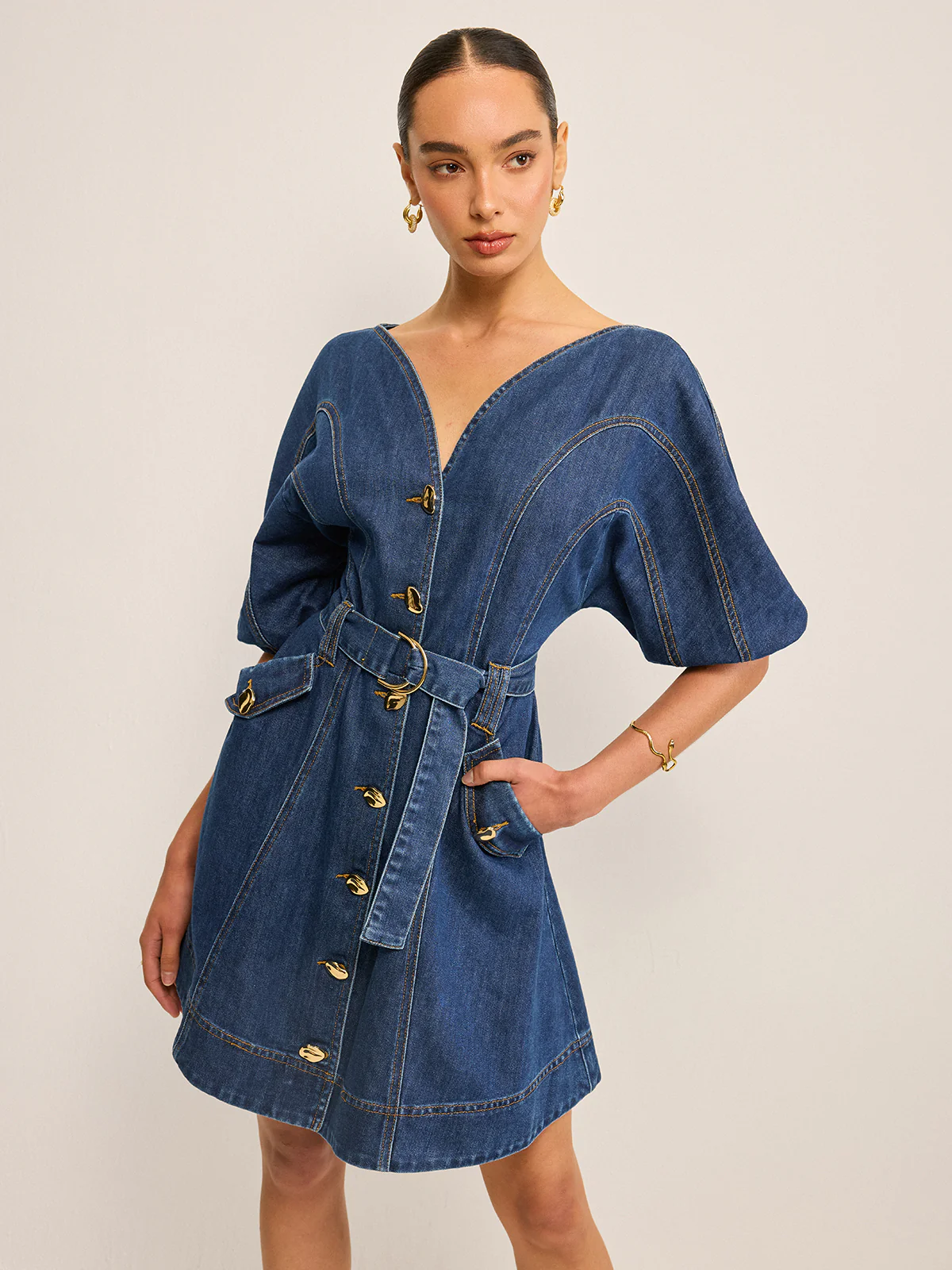 Pocketed Belted Denim Dress - Wholesalesil