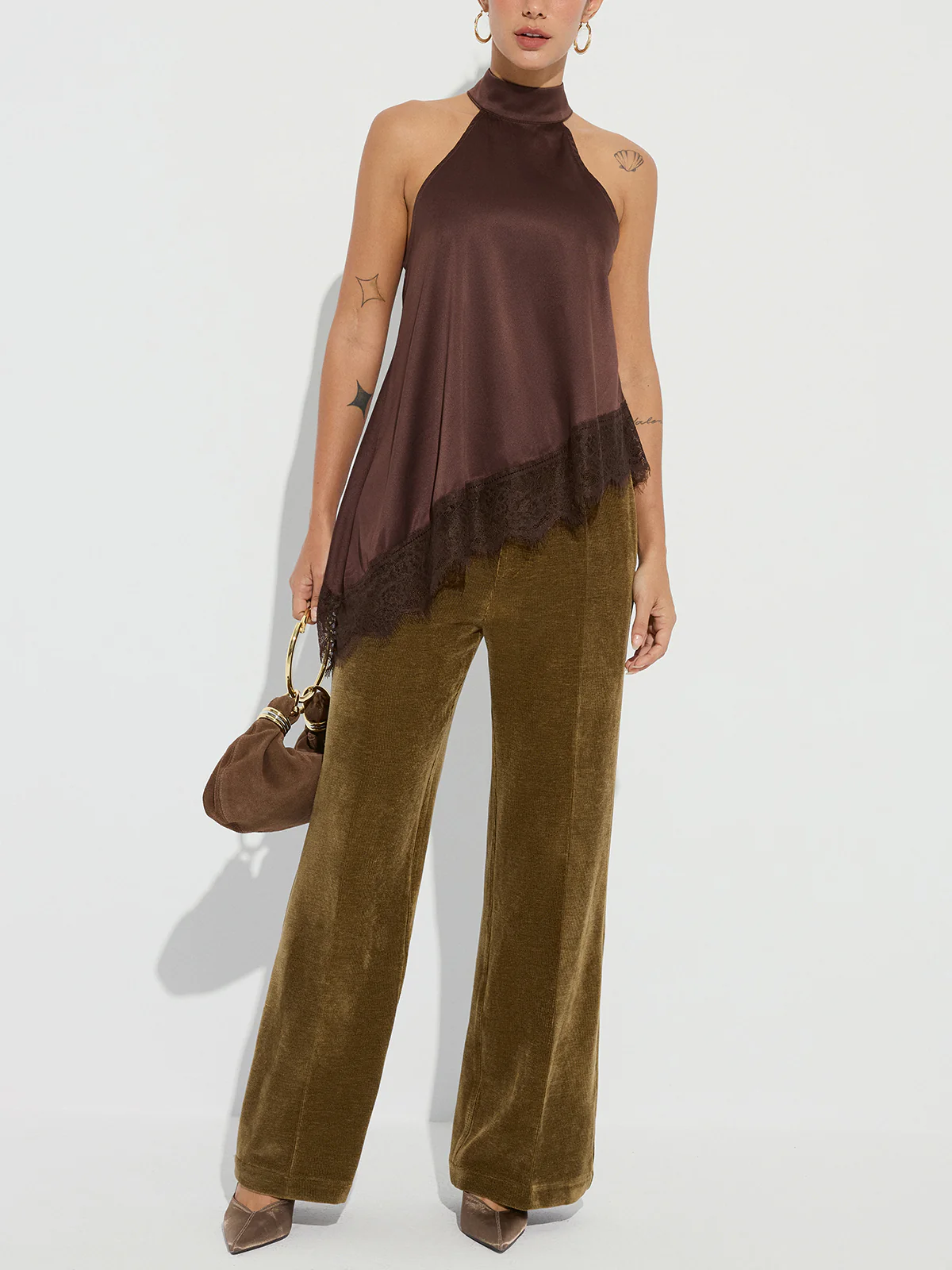 Asymmetric Lace Hem Satin Halter Top - Wholesalesil