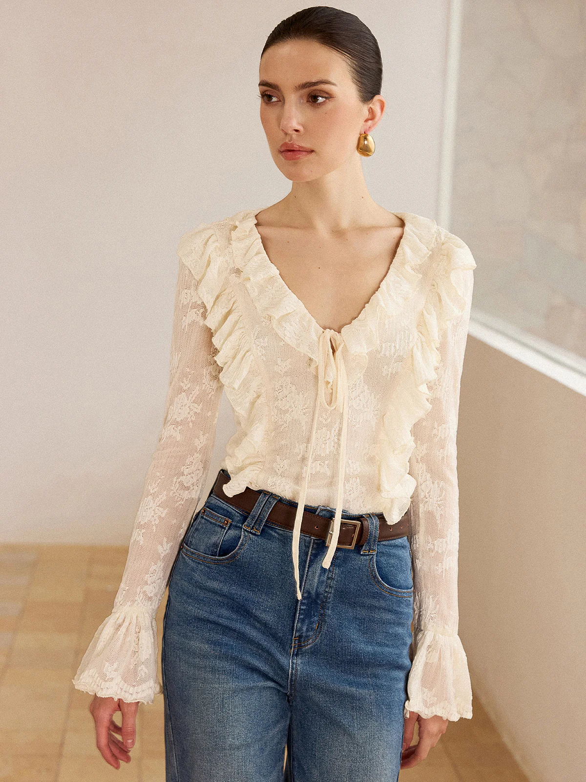 Semi-Sheer Lace Ruffle Trim V-Neck Blouse - Wholesalesil