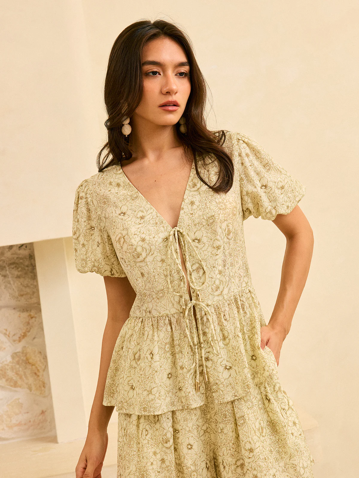 Semi-Sheer Floral Print Peplum Tie-Front Blouse - Wholesalesil