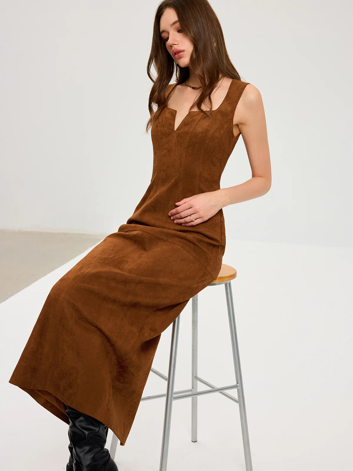Suede Effect Low-Neck Sleeveless Maxi Dress - Wholesalesil