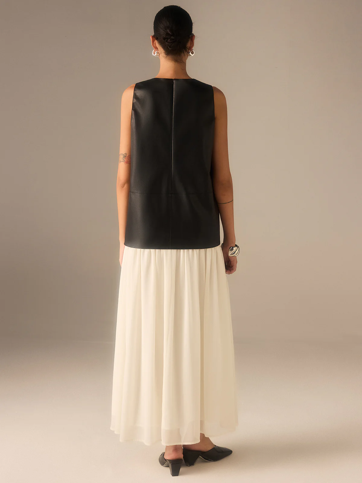 Two-Tone Faux Leather Chiffon Pleated Dress - Wholesalesil