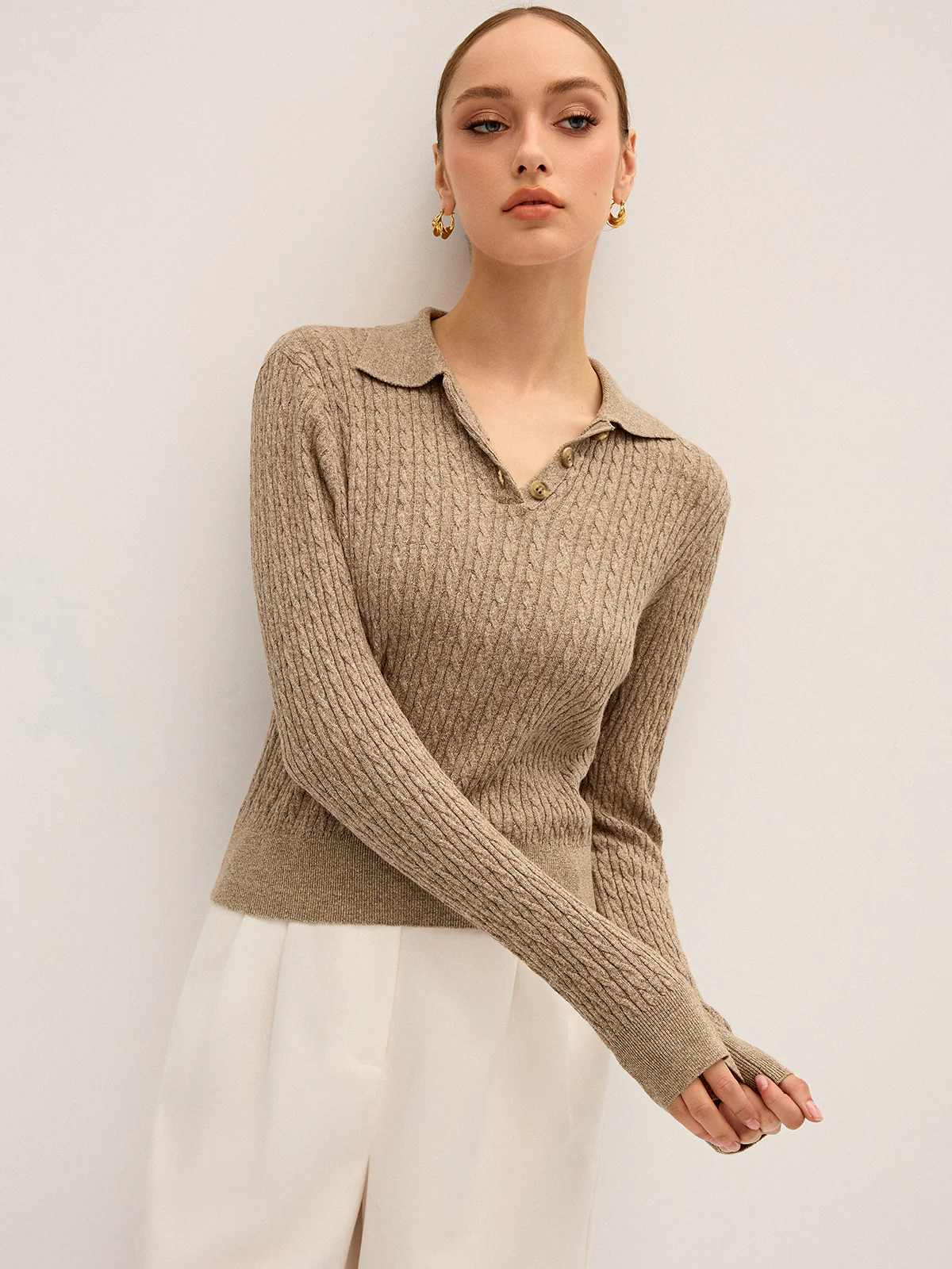 Cable Knit Cotton Collar Sweater - Wholesalesil