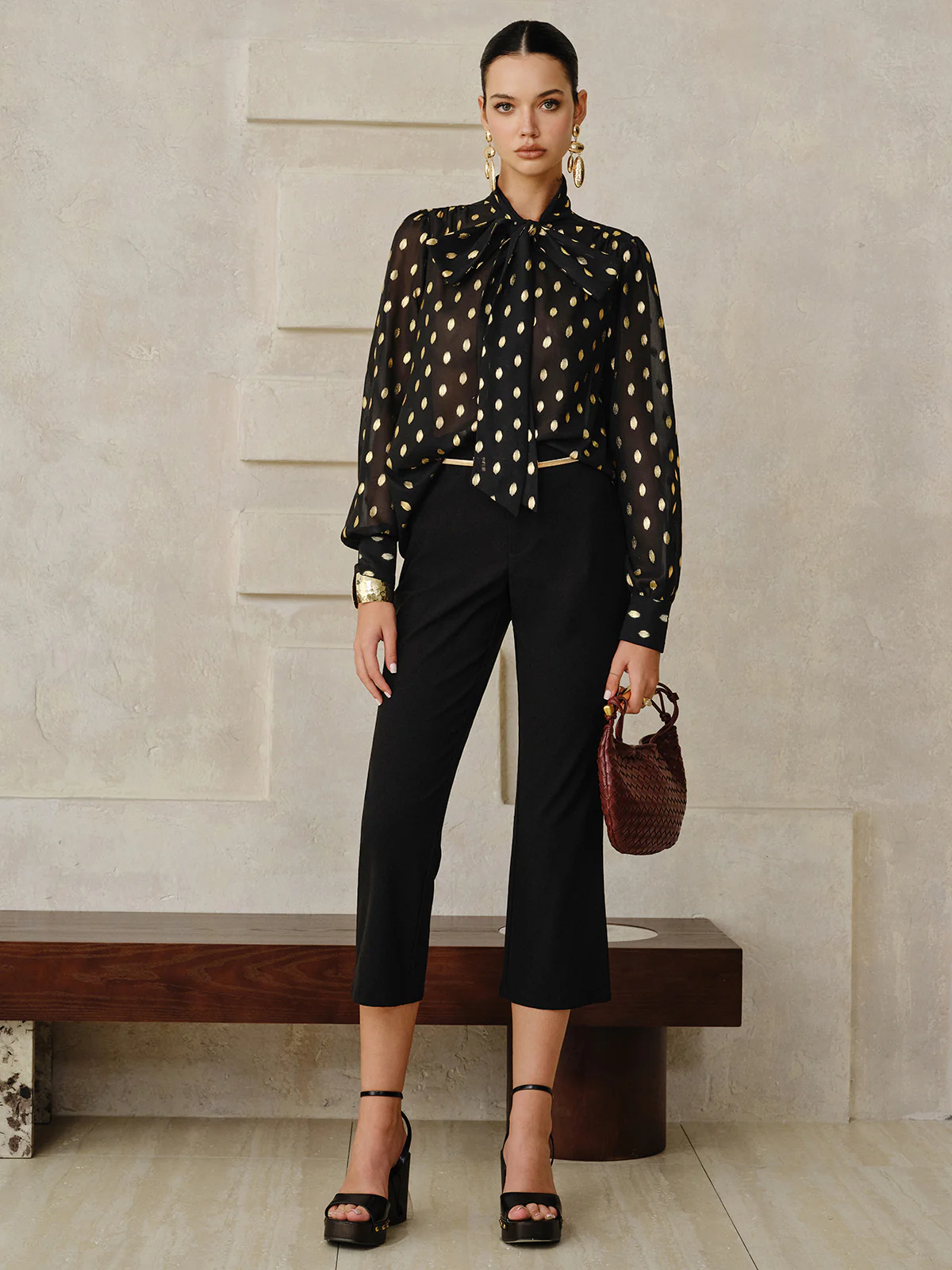 Polka Dot Bow Neckline Semi-Sheer Blouse - Wholesalesil