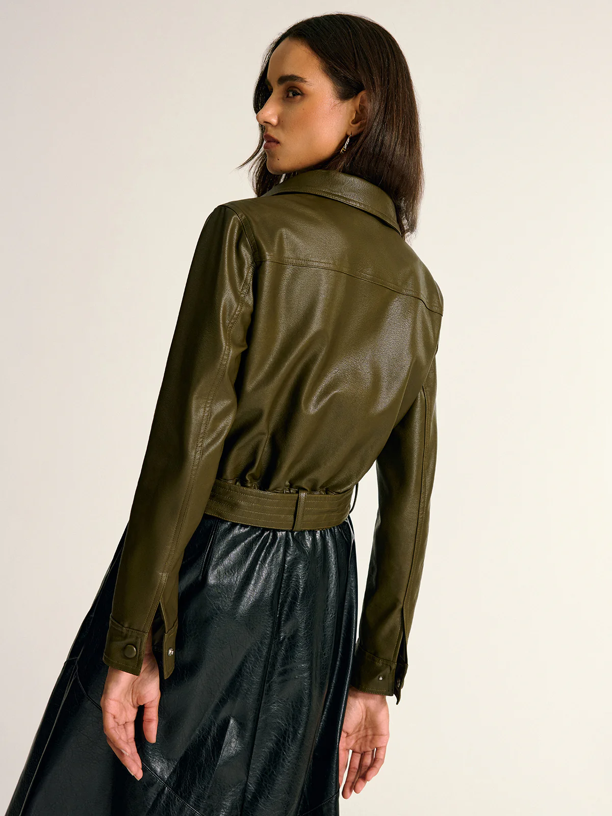 Belted PU Leather Cargo Shirt Jacket - Wholesalesil
