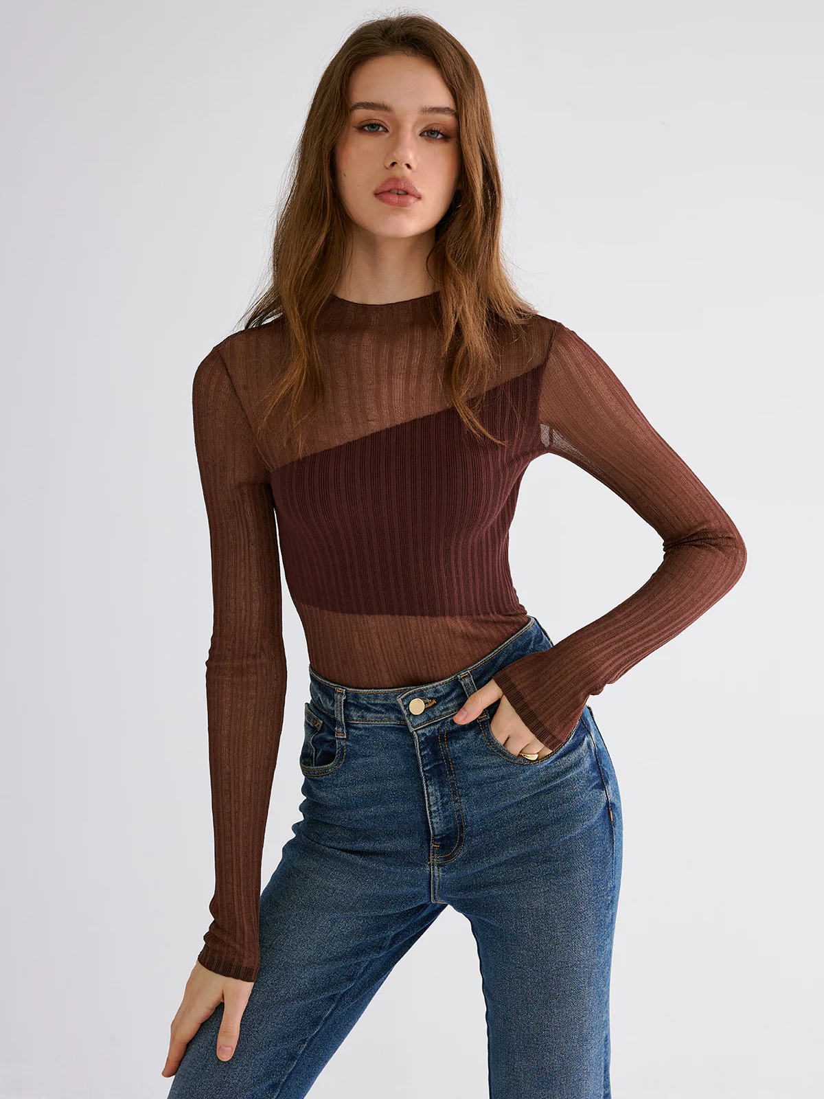 Mock Neck Contrast Mesh Top - Wholesalesil