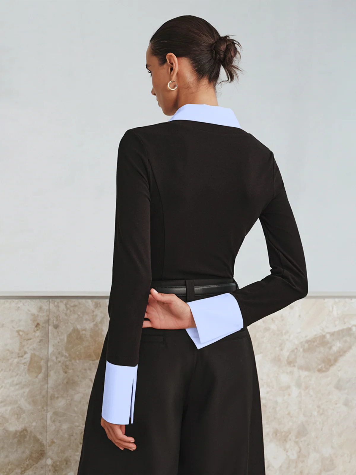 Mock Two-Piece Long-Sleeve Two Tone Polo Top - Wholesalesil