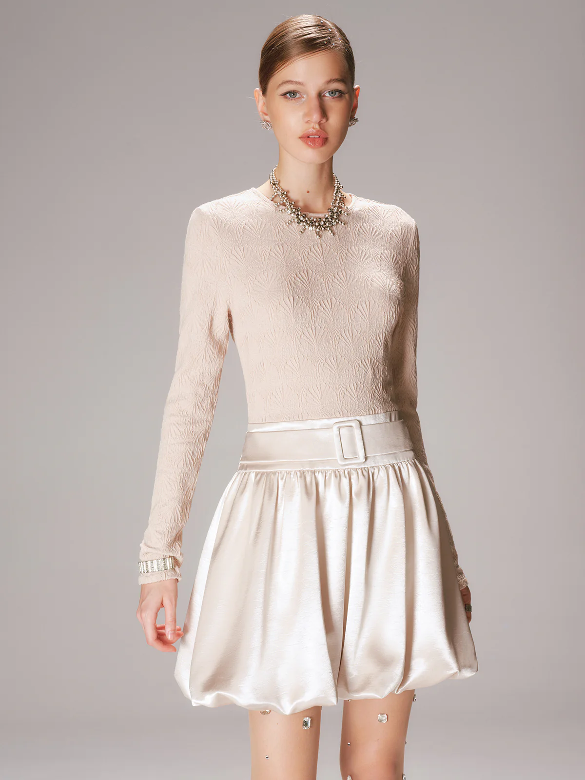 Satin Effect Panel Textured Mini Dress - Wholesalesil