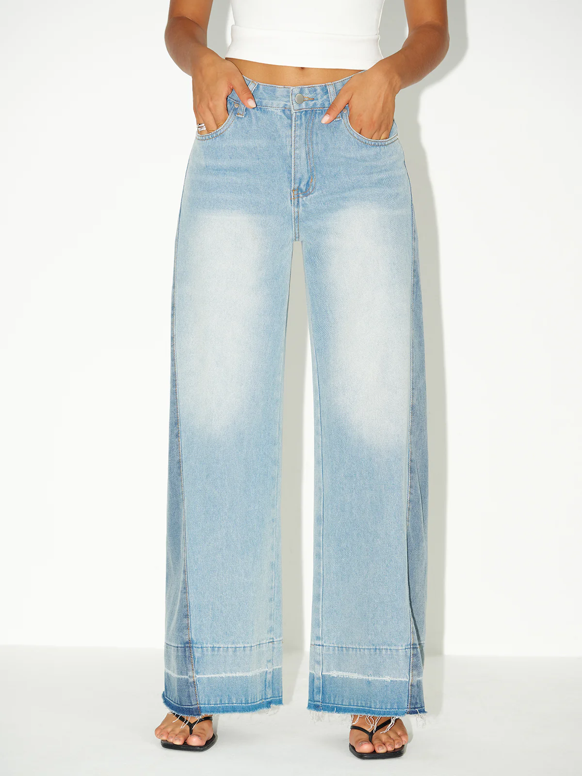 Contrast Panel Wide-Leg Jeans - Wholesalesil