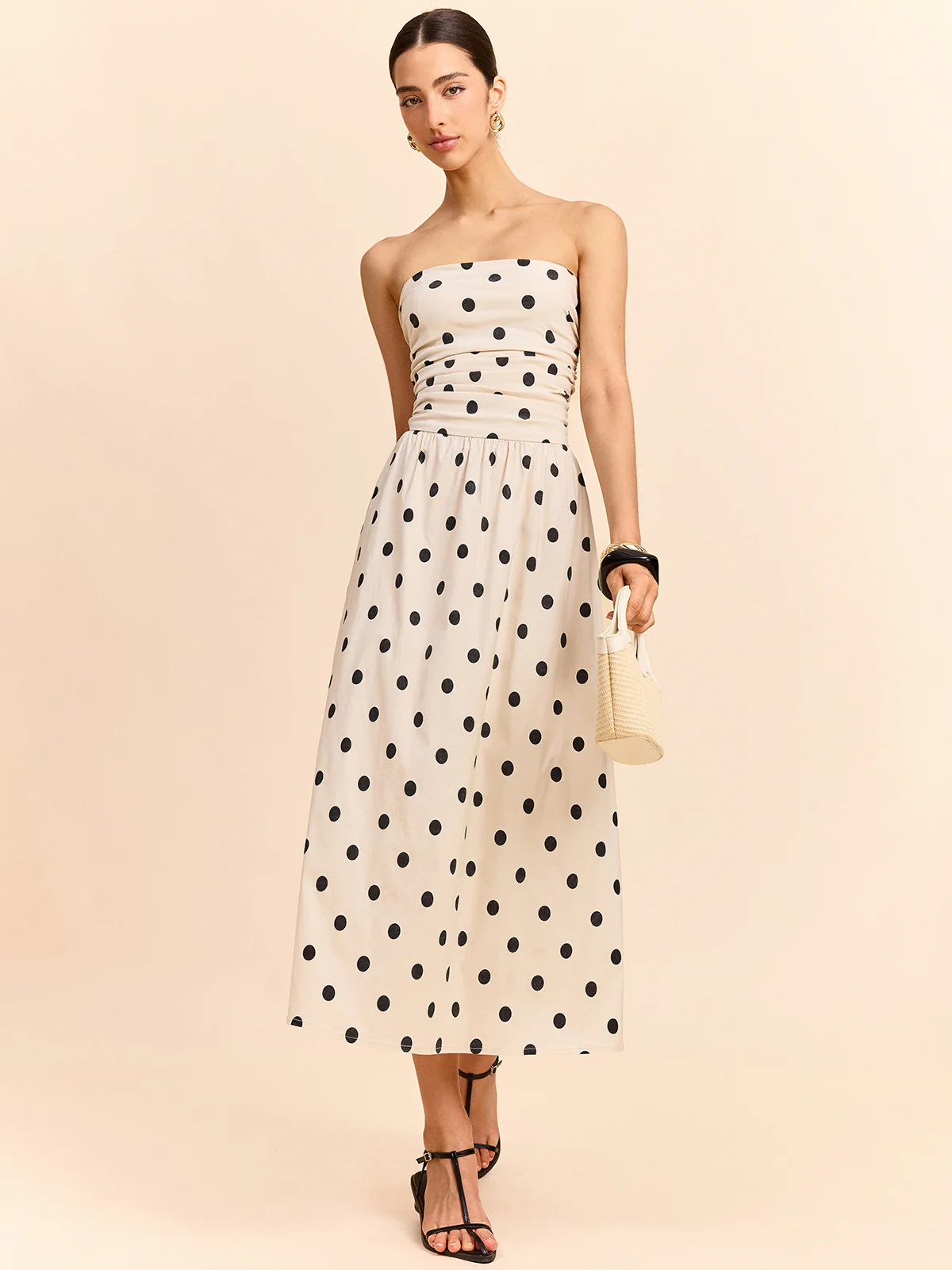 Strapless Polka Dot Ruched Midi Dress - Wholesalesil